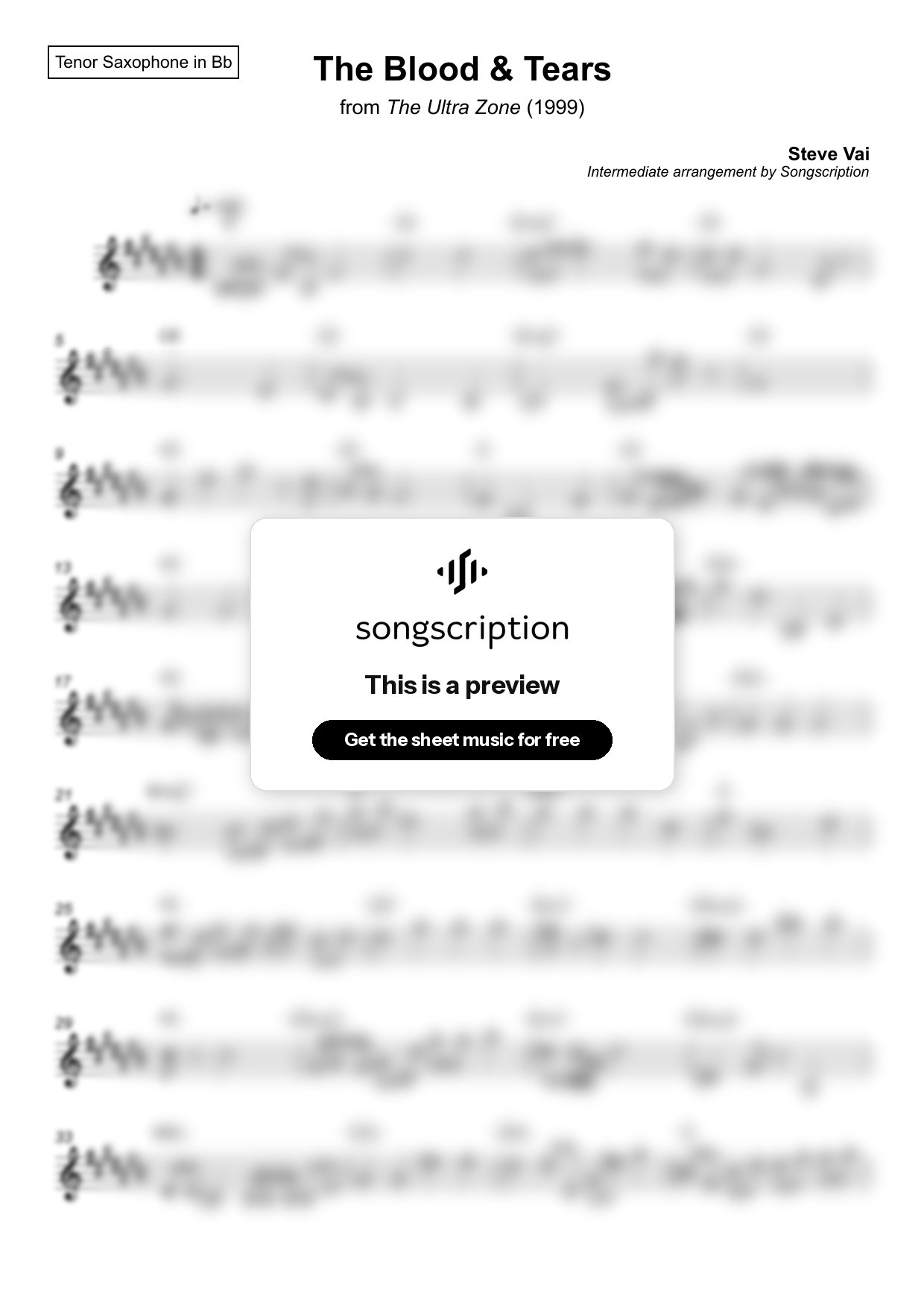 Intermediate Tenor Sax Sheet Music for "The Blood & Tears" by Steve Vai