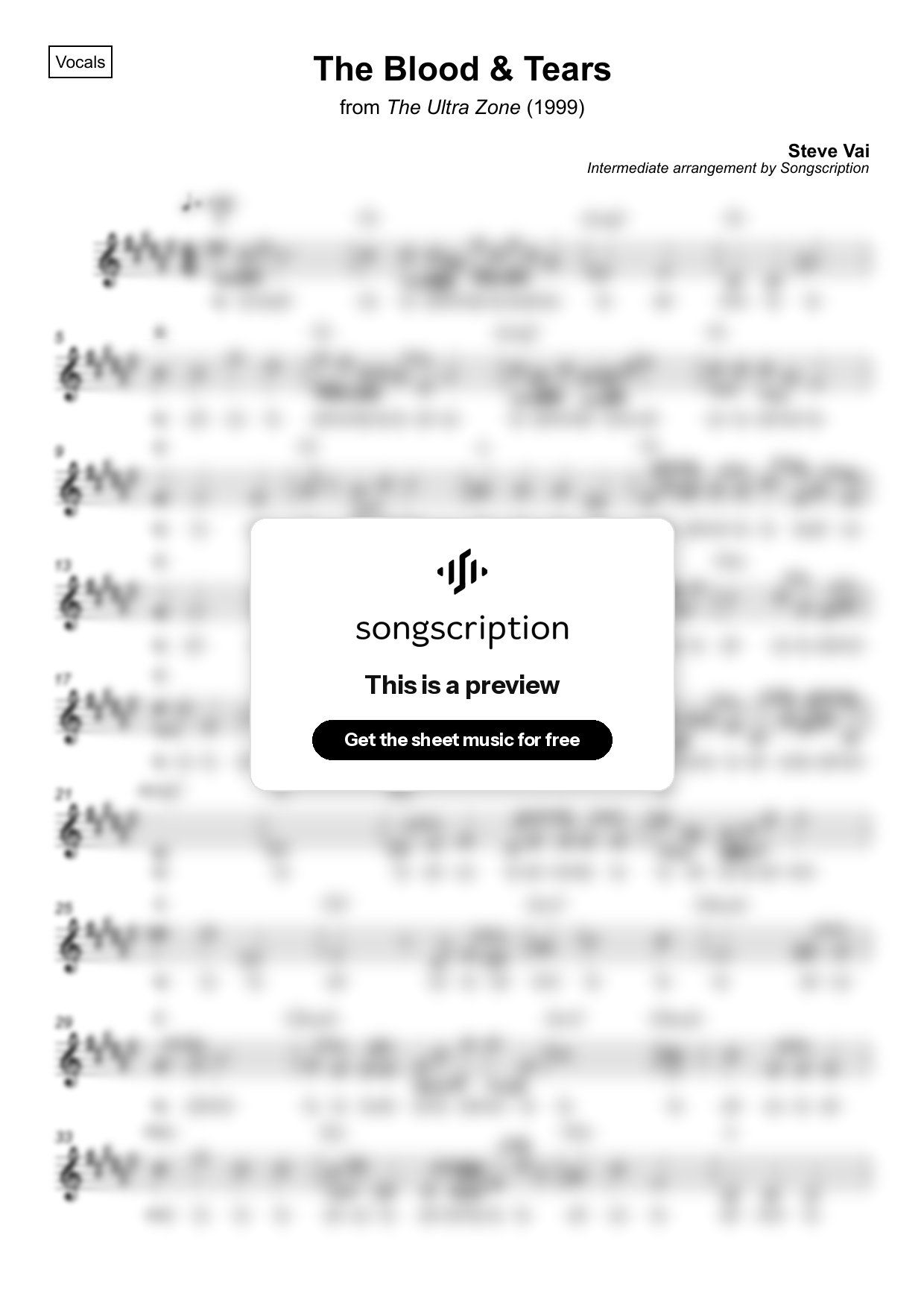 Intermediate Vocals Sheet Music for "The Blood & Tears" by Steve Vai