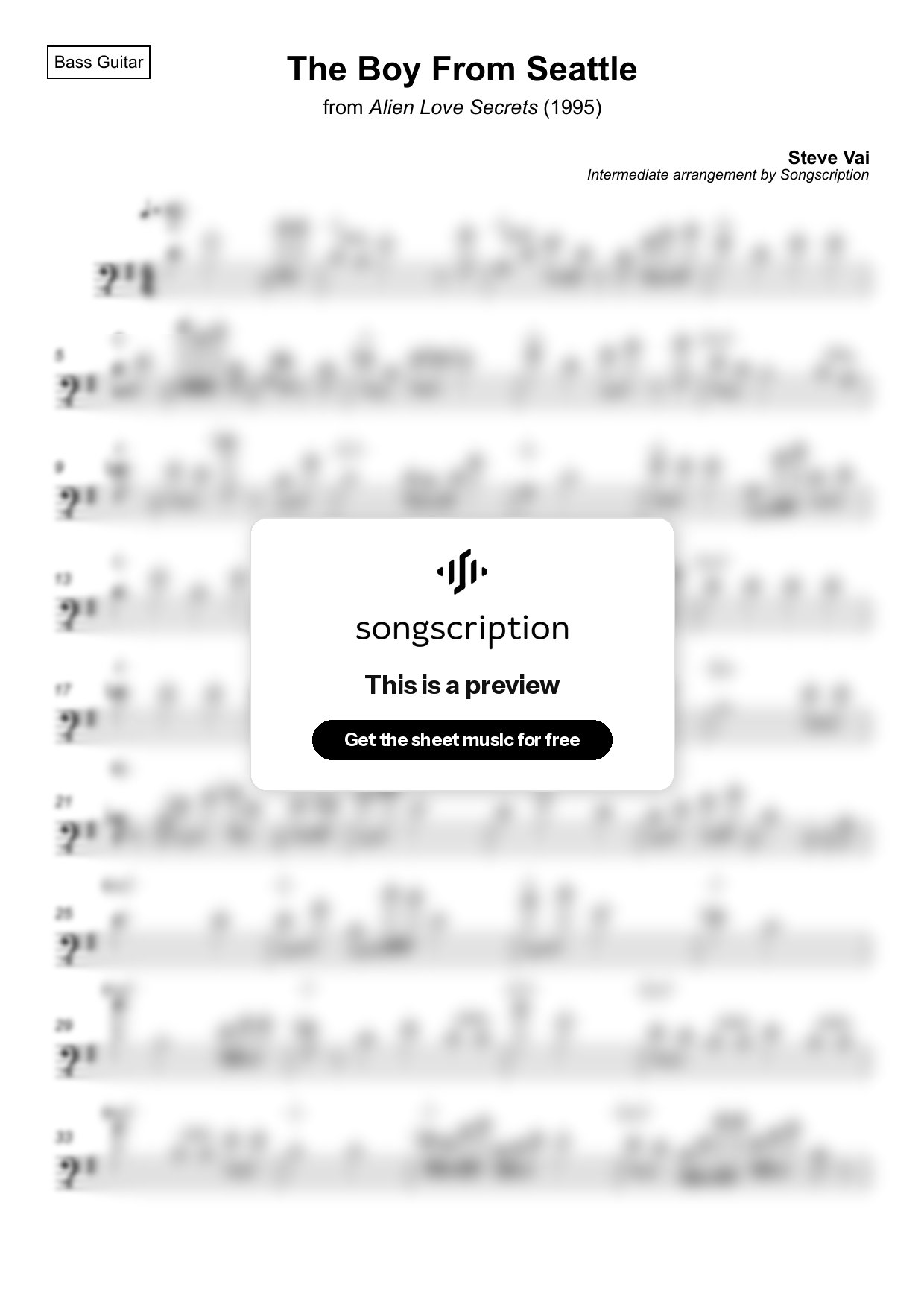 Intermediate Bass Guitar Sheet Music for "The Boy From Seattle" by Steve Vai