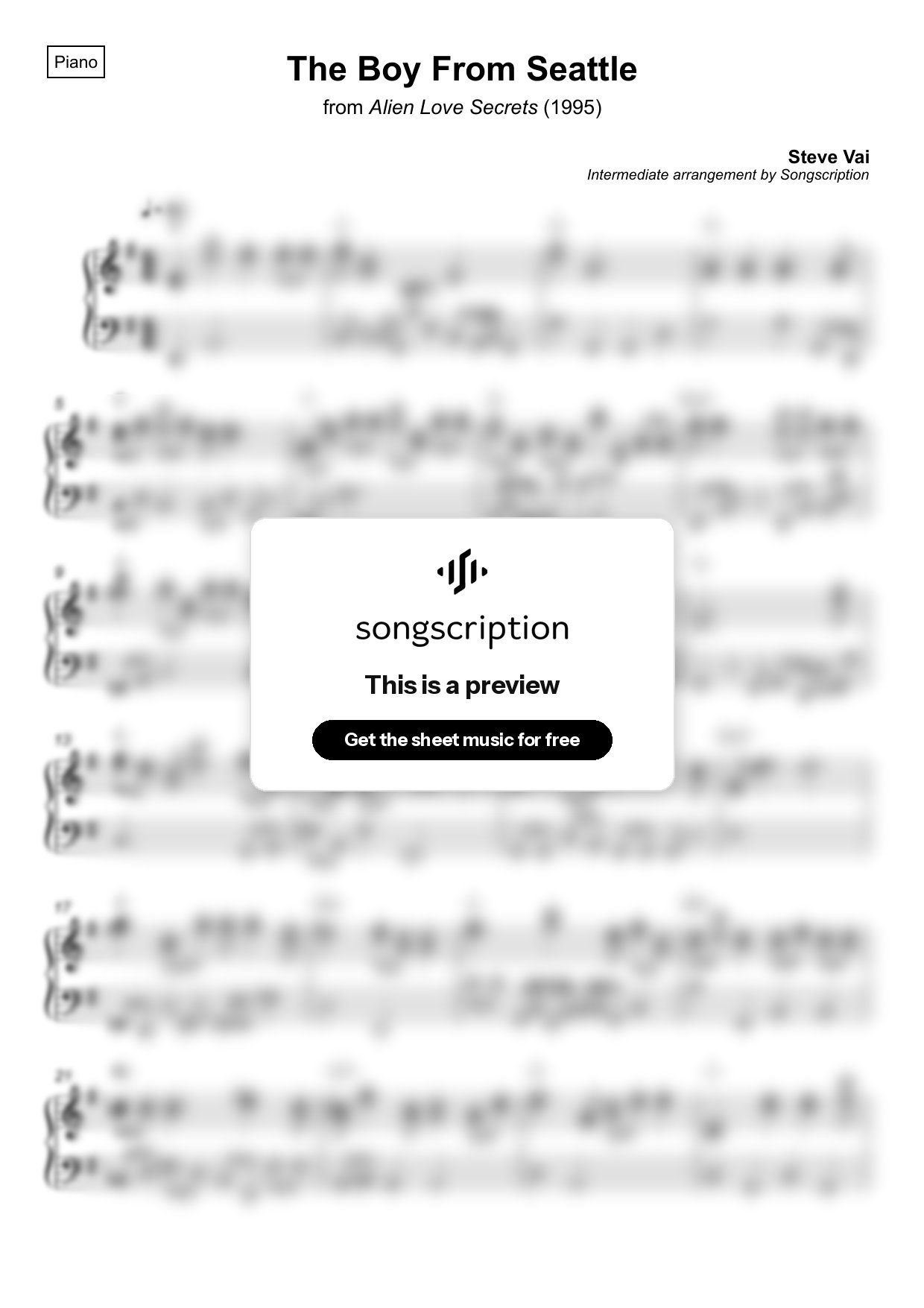 Intermediate Piano Sheet Music for "The Boy From Seattle" by Steve Vai