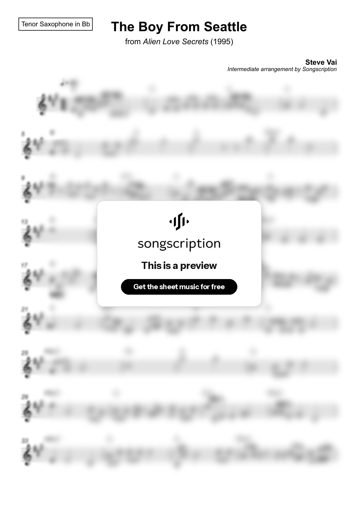 Intermediate Tenor Sax Sheet Music for "The Boy From Seattle" by Steve Vai