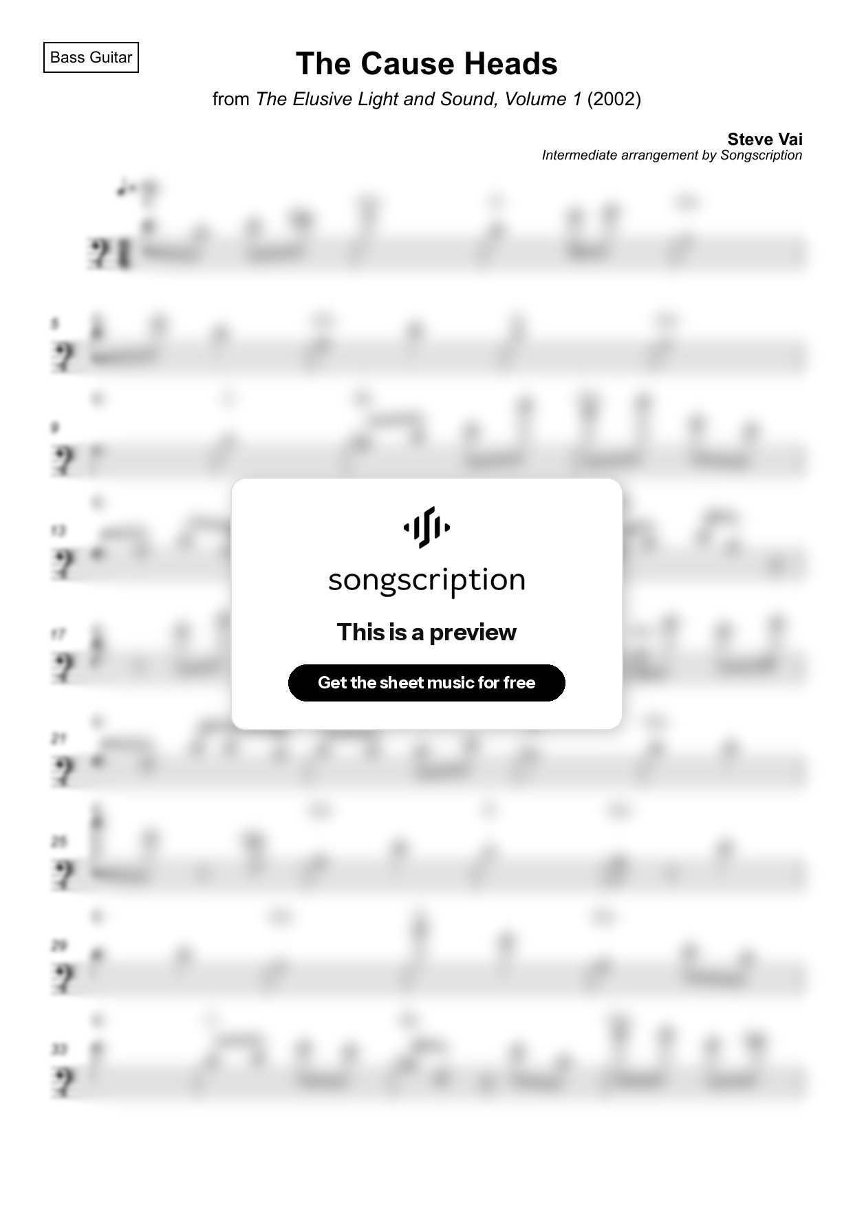 Intermediate Bass Guitar Sheet Music for "The Cause Heads" by Steve Vai
