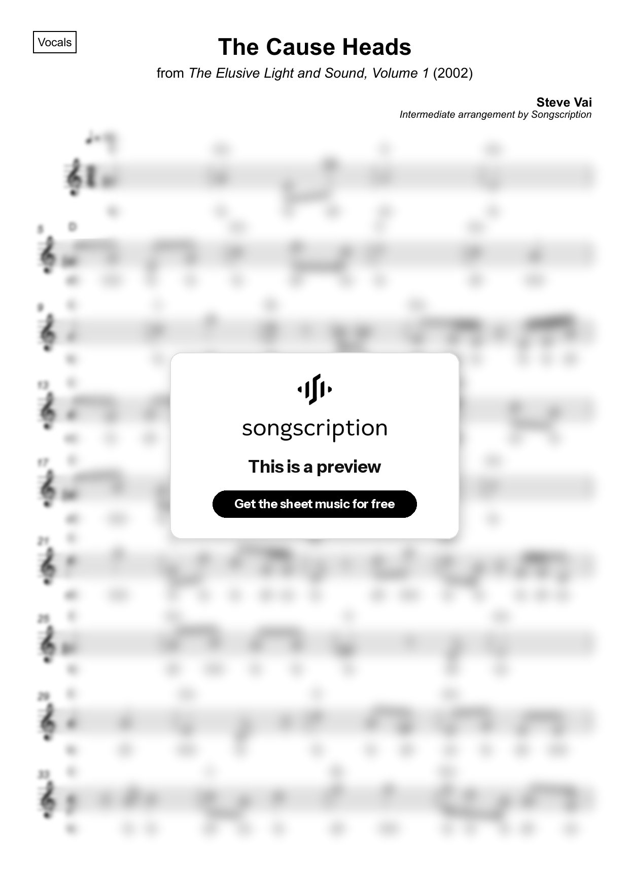 Intermediate Vocals Sheet Music for "The Cause Heads" by Steve Vai
