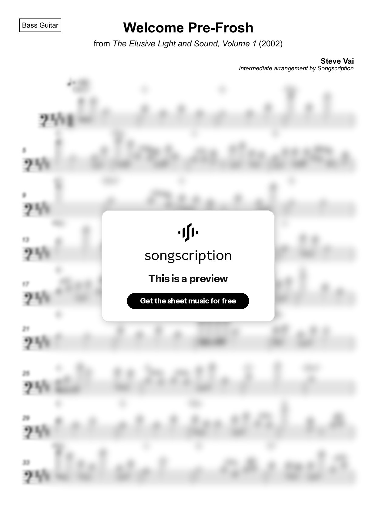 Intermediate Bass Guitar Sheet Music for "Welcome Pre-Frosh" by Steve Vai