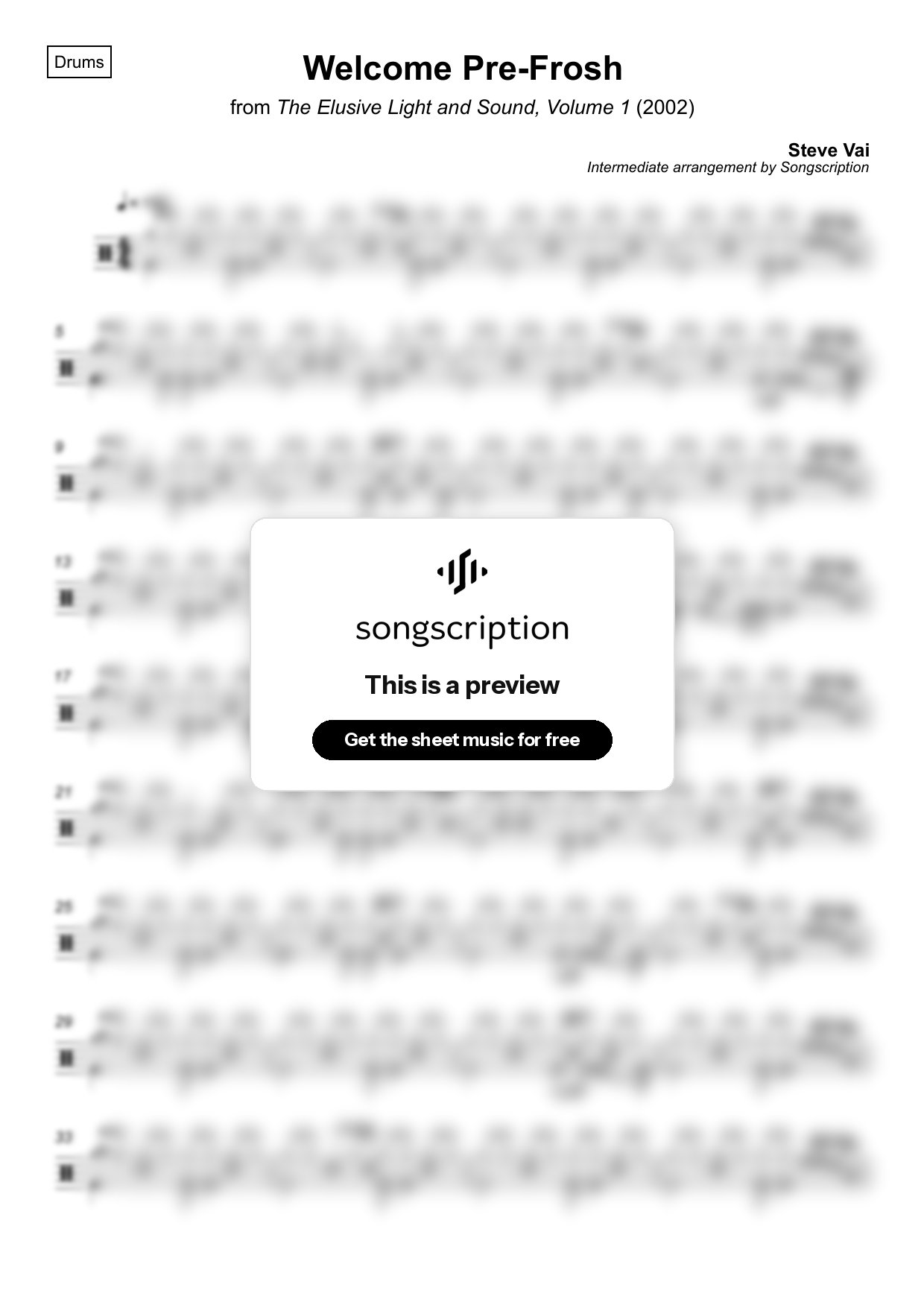 Intermediate Drums Sheet Music for "Welcome Pre-Frosh" by Steve Vai