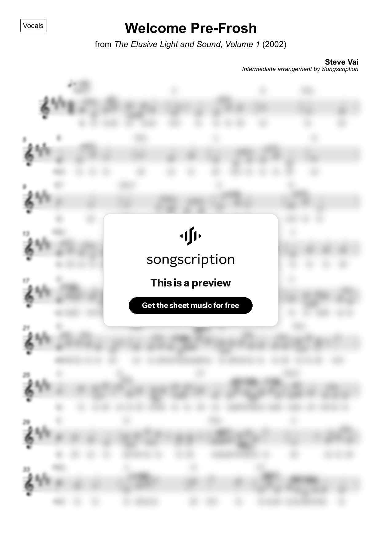 Intermediate Vocals Sheet Music for "Welcome Pre-Frosh" by Steve Vai