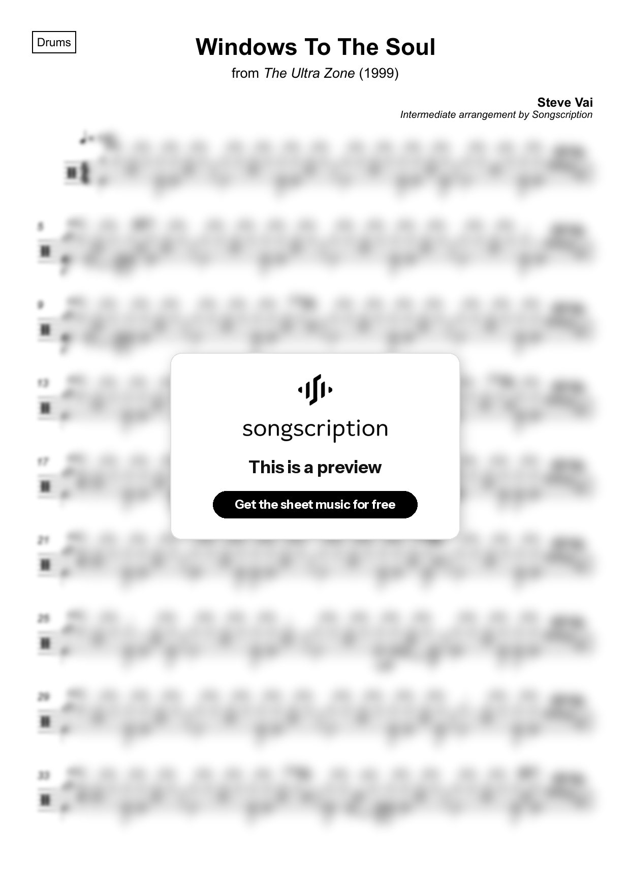 Intermediate Drums Sheet Music for "Windows To The Soul" by Steve Vai