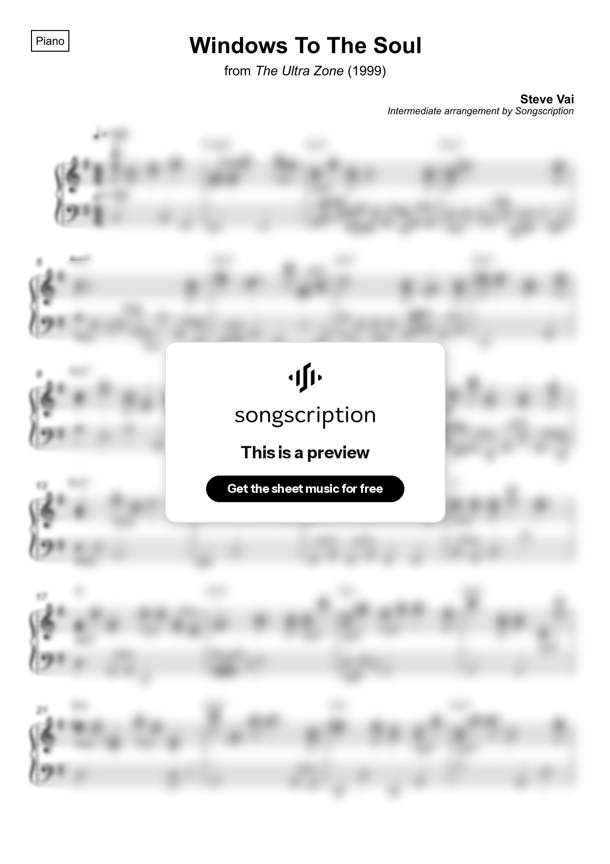 Intermediate Piano Sheet Music for "Windows To The Soul" by Steve Vai