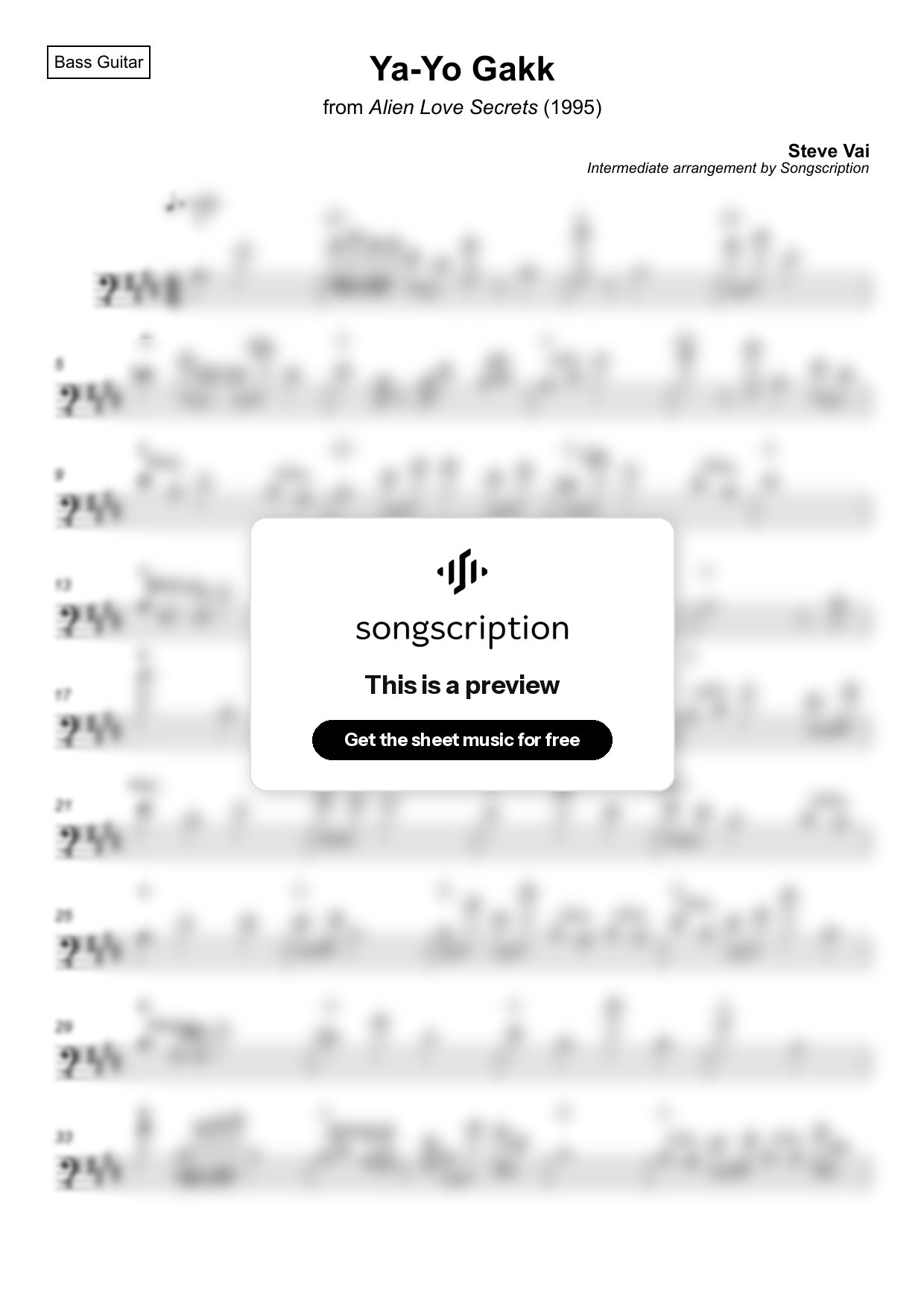 Intermediate Bass Guitar Sheet Music for "Ya-Yo Gakk" by Steve Vai