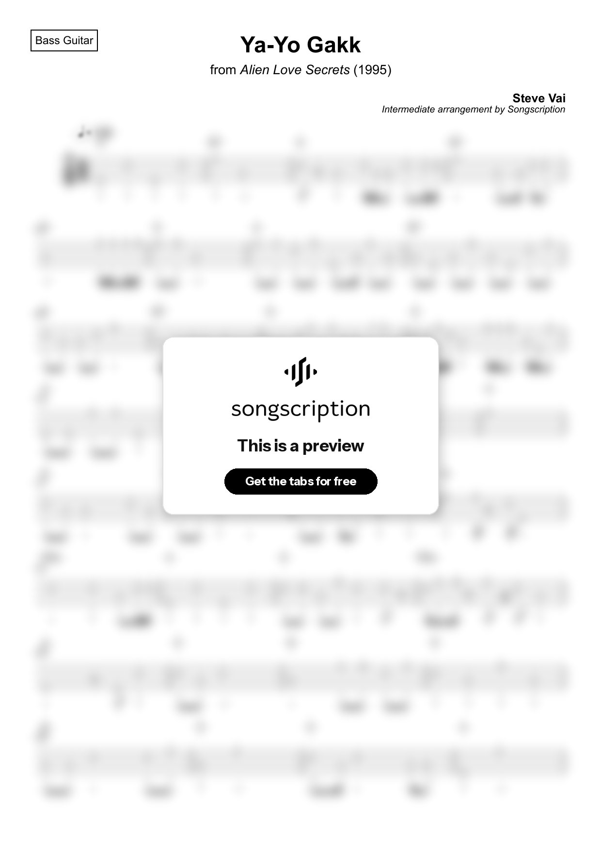 Intermediate Bass Guitar Tabs for "Ya-Yo Gakk" by Steve Vai