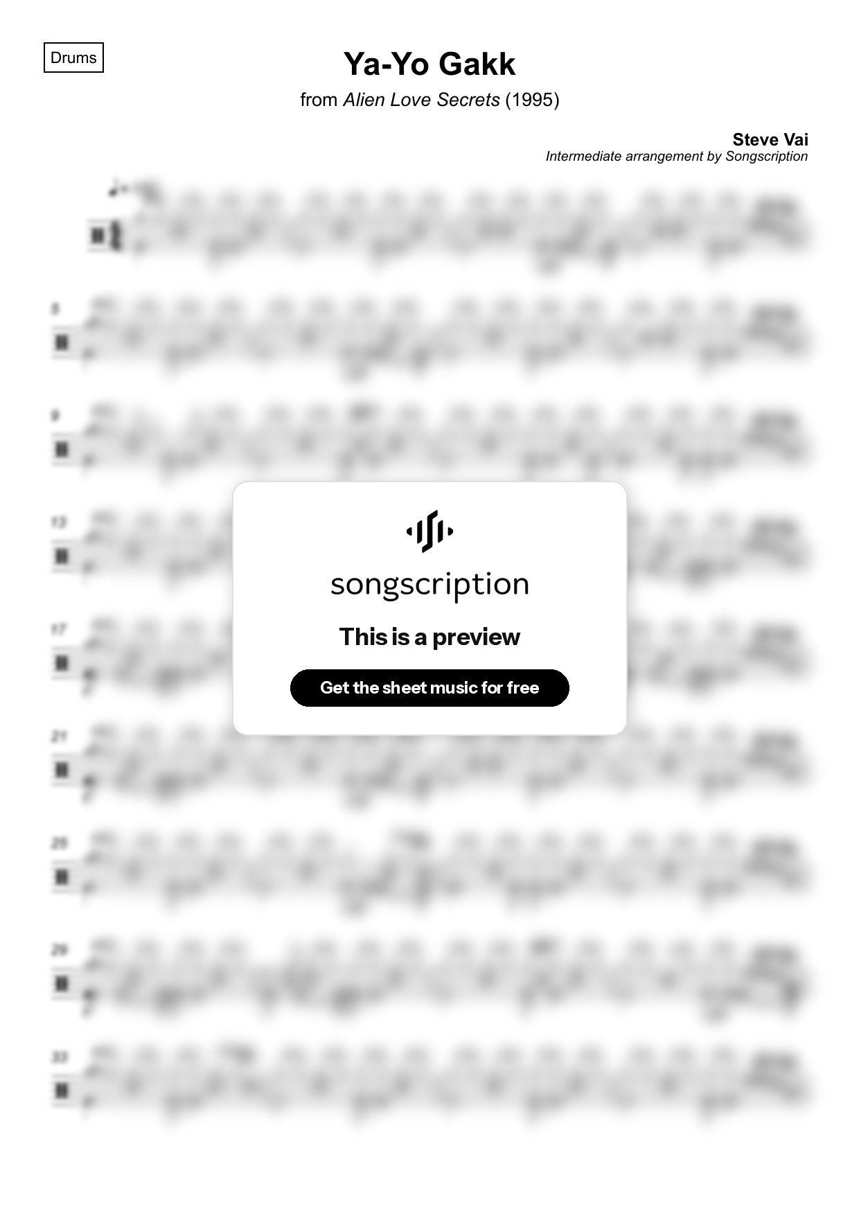 Intermediate Drums Sheet Music for "Ya-Yo Gakk" by Steve Vai
