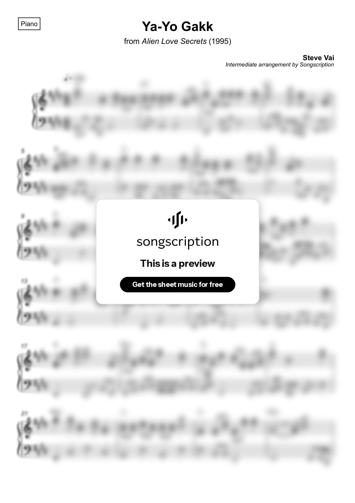 Intermediate Piano Sheet Music for "Ya-Yo Gakk" by Steve Vai