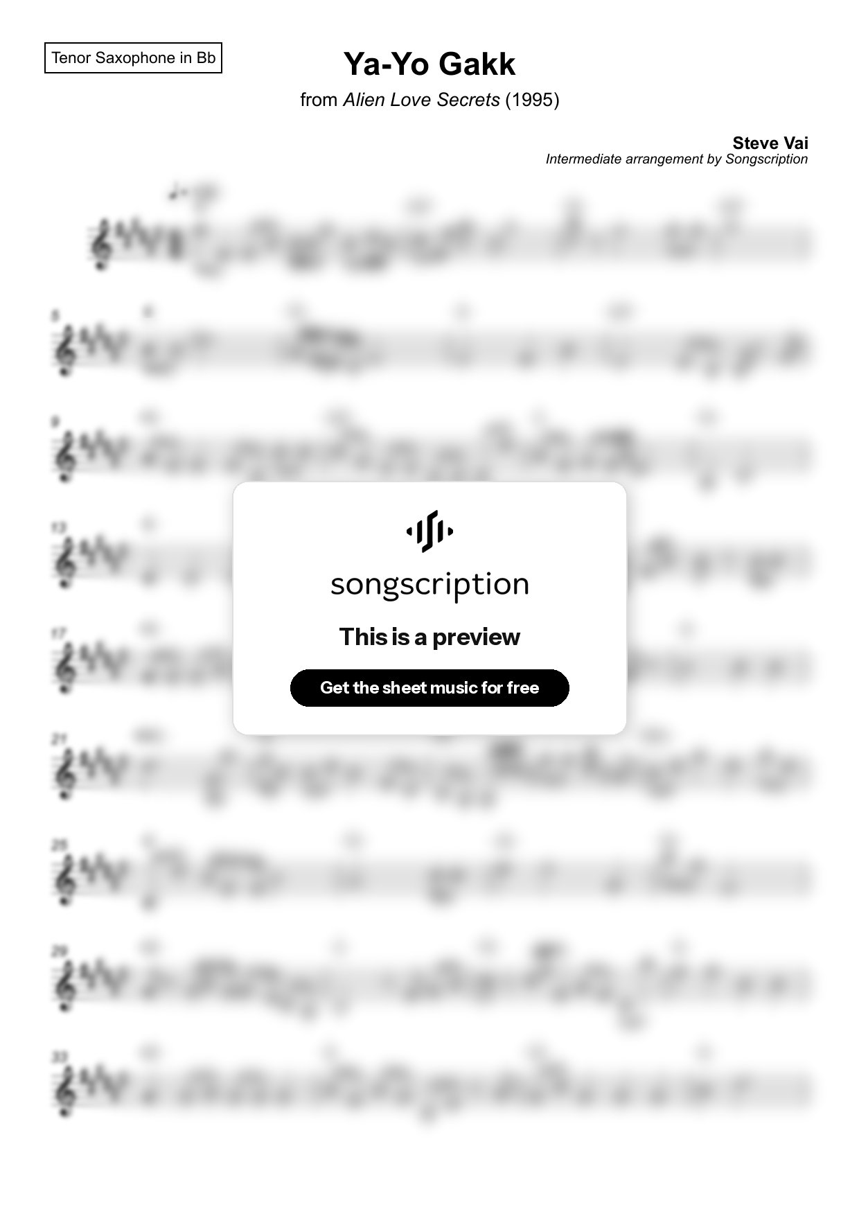 Intermediate Tenor Sax Sheet Music for "Ya-Yo Gakk" by Steve Vai