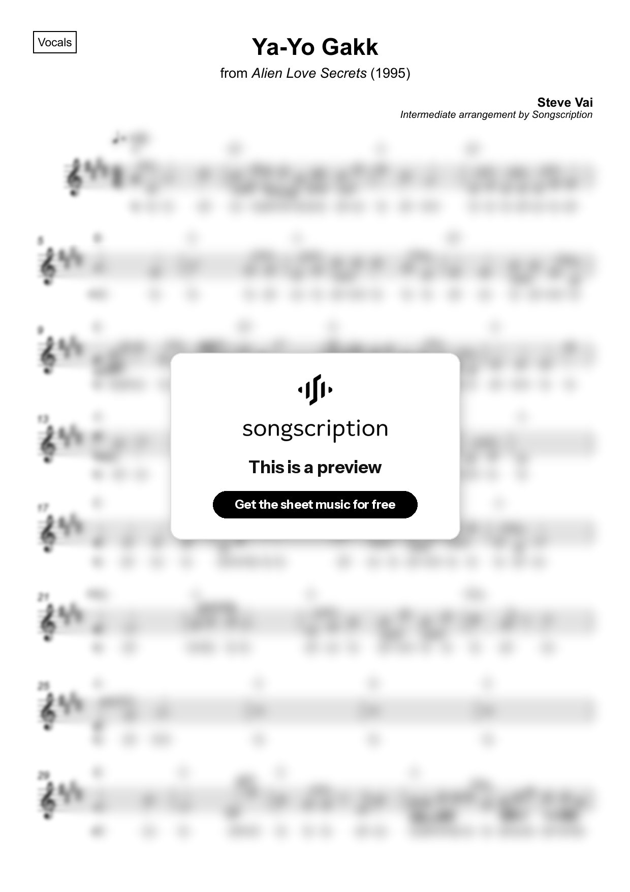 Intermediate Vocals Sheet Music for "Ya-Yo Gakk" by Steve Vai