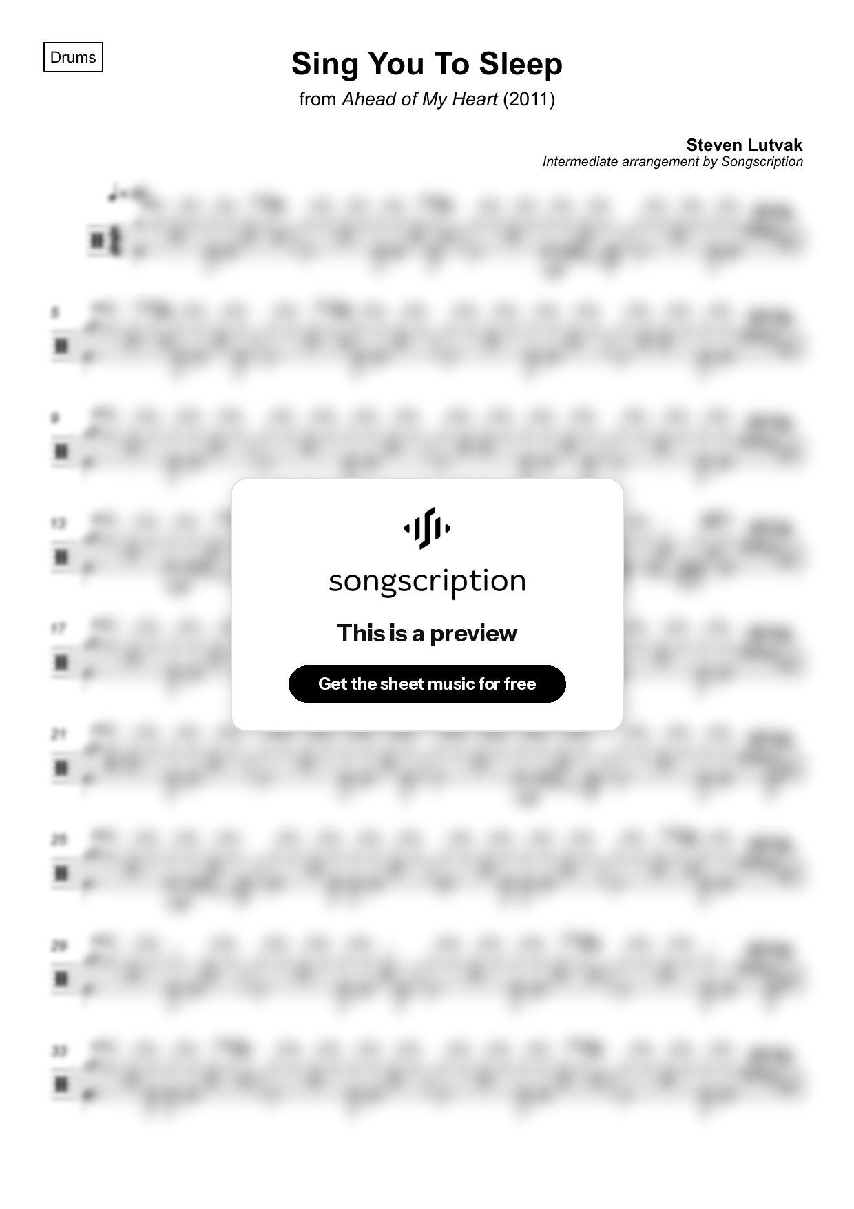 Intermediate Drums Sheet Music for "Sing You To Sleep" by Steven Lutvak