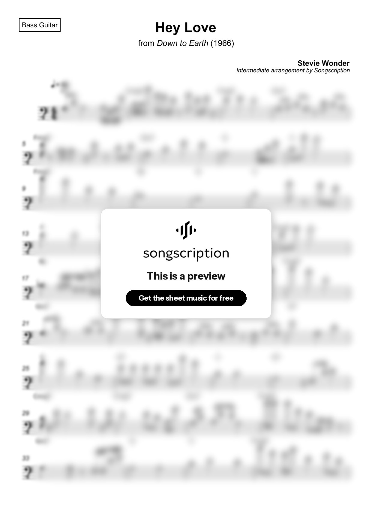 Intermediate Bass Guitar Sheet Music for "Hey Love" by Stevie Wonder