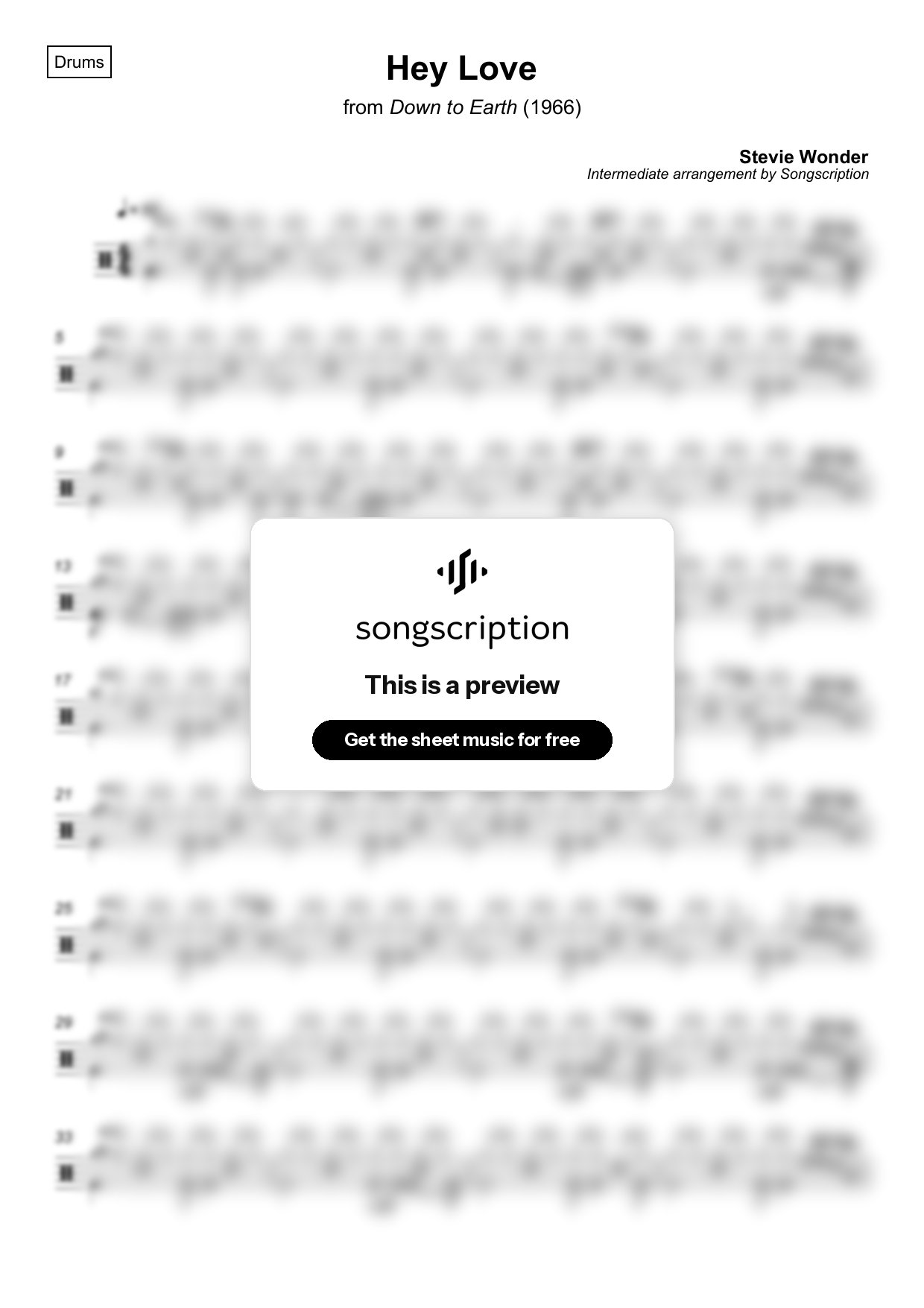 Intermediate Drums Sheet Music for "Hey Love" by Stevie Wonder