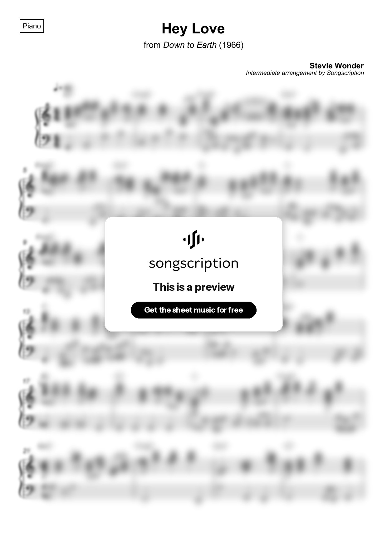 Intermediate Piano Sheet Music for "Hey Love" by Stevie Wonder