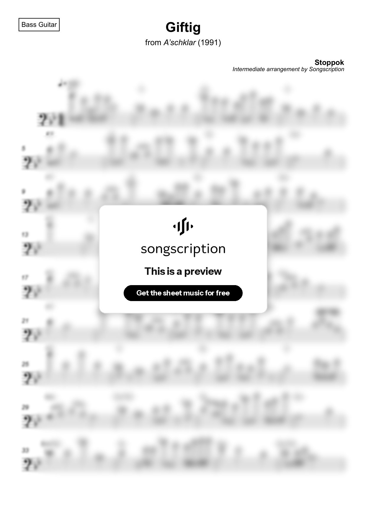 Intermediate Bass Guitar Sheet Music for "Giftig" by Stoppok