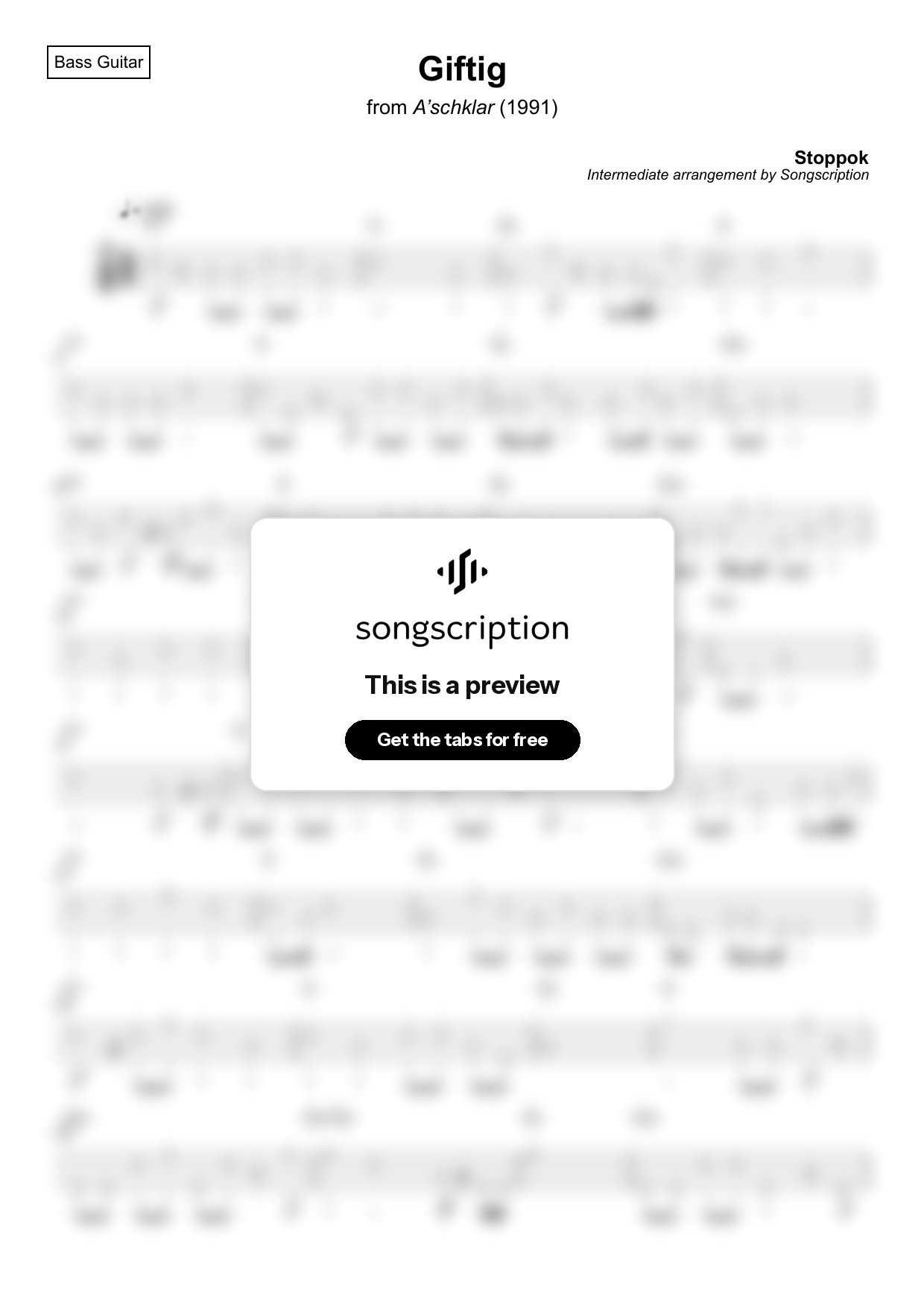 Intermediate Bass Guitar Tabs for "Giftig" by Stoppok