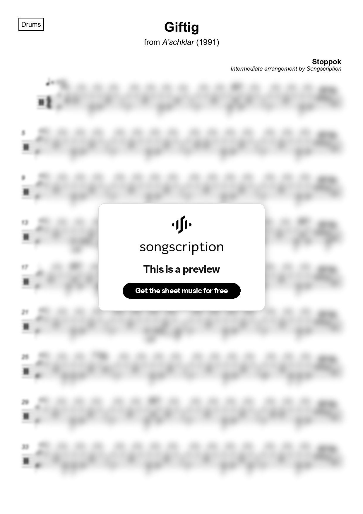 Intermediate Drums Sheet Music for "Giftig" by Stoppok