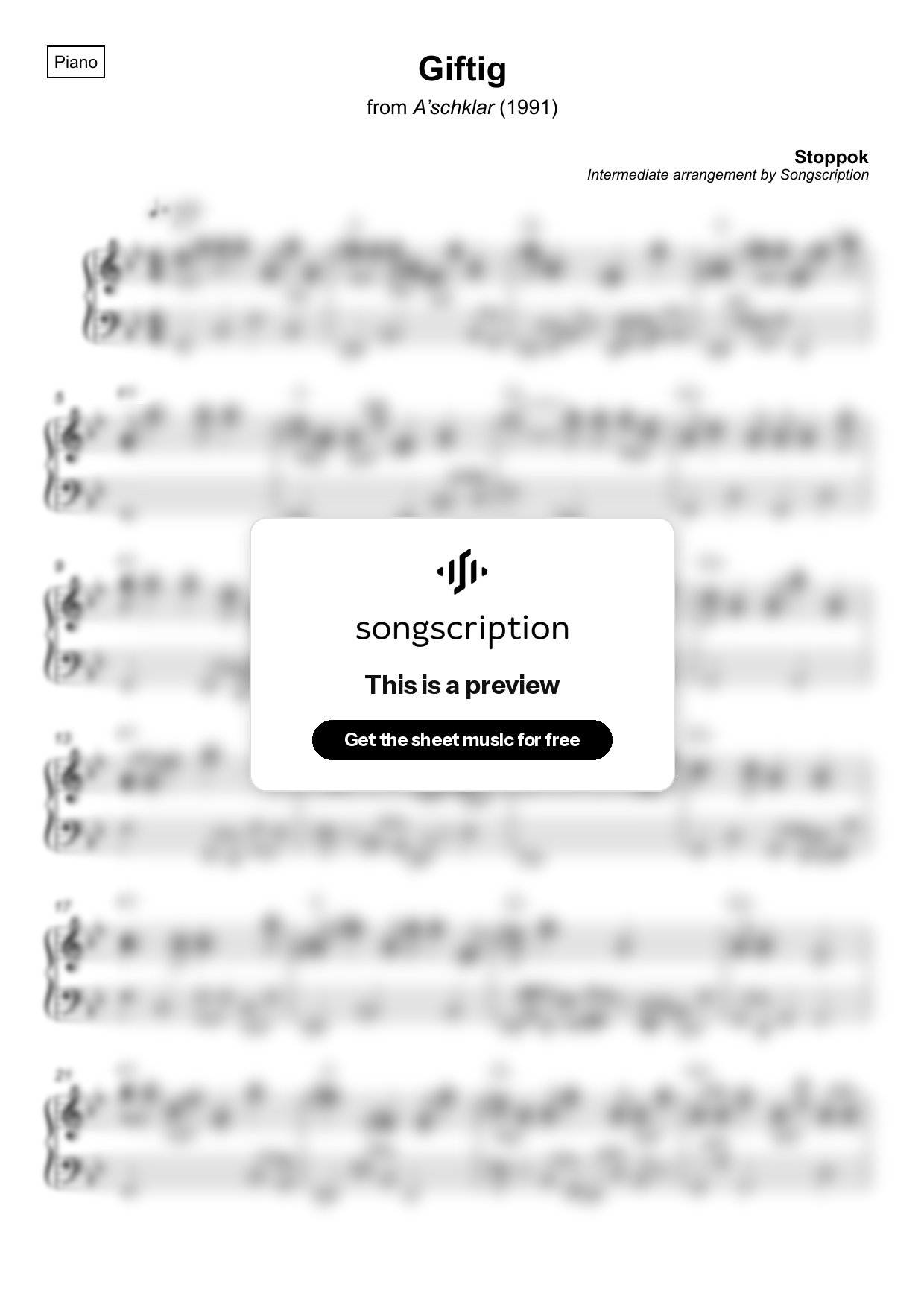 Intermediate Piano Sheet Music for "Giftig" by Stoppok