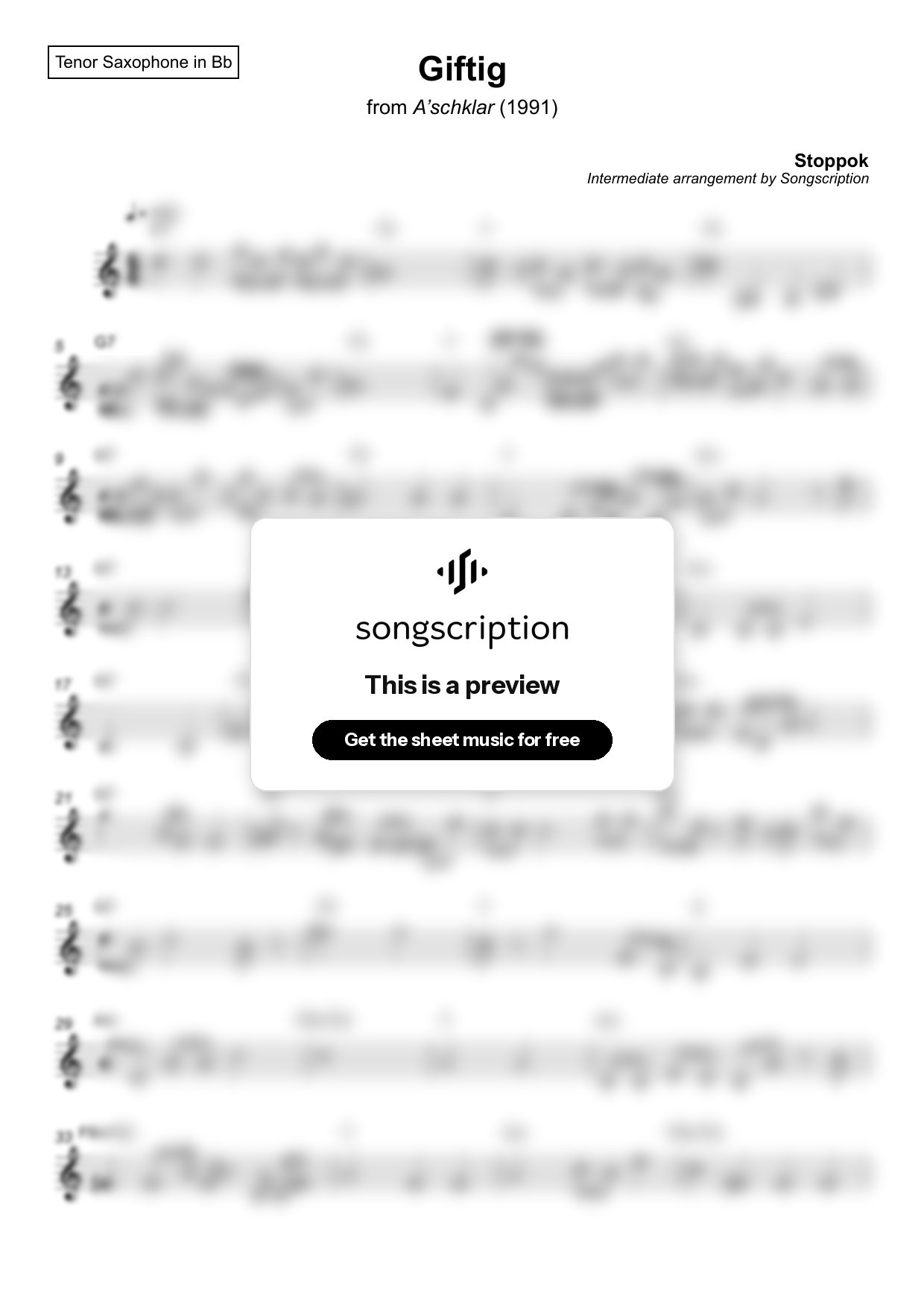 Intermediate Tenor Sax Sheet Music for "Giftig" by Stoppok