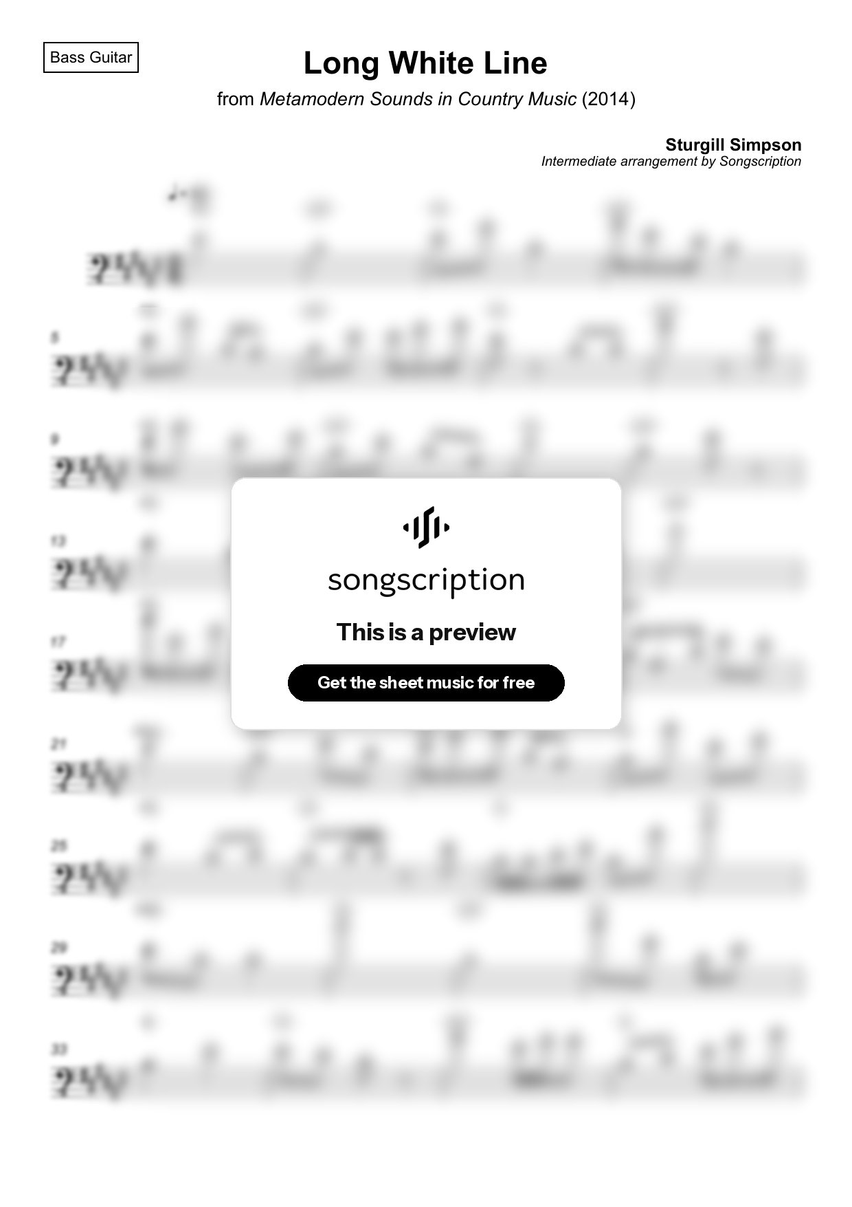 Intermediate Bass Guitar Sheet Music for "Long White Line" by Sturgill Simpson