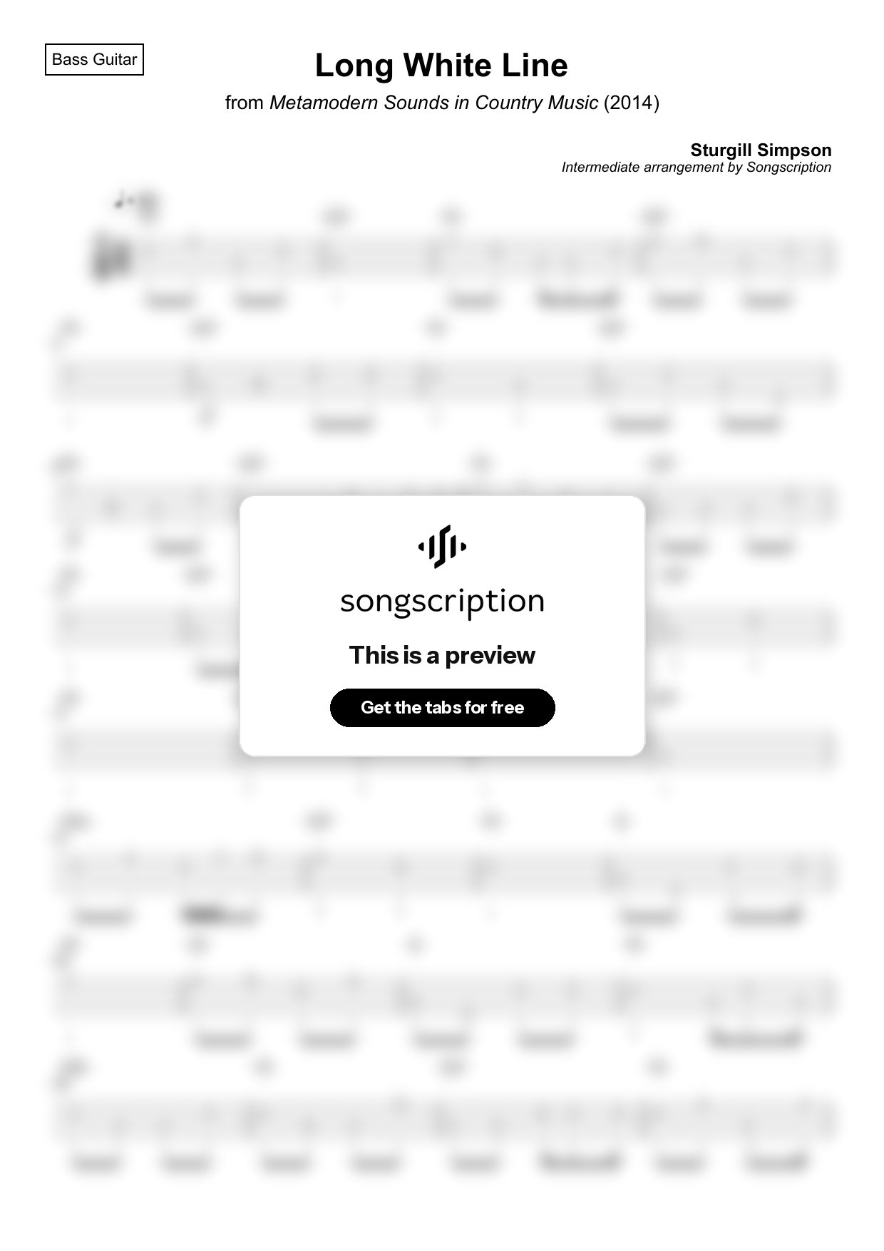Intermediate Bass Guitar Tabs for "Long White Line" by Sturgill Simpson