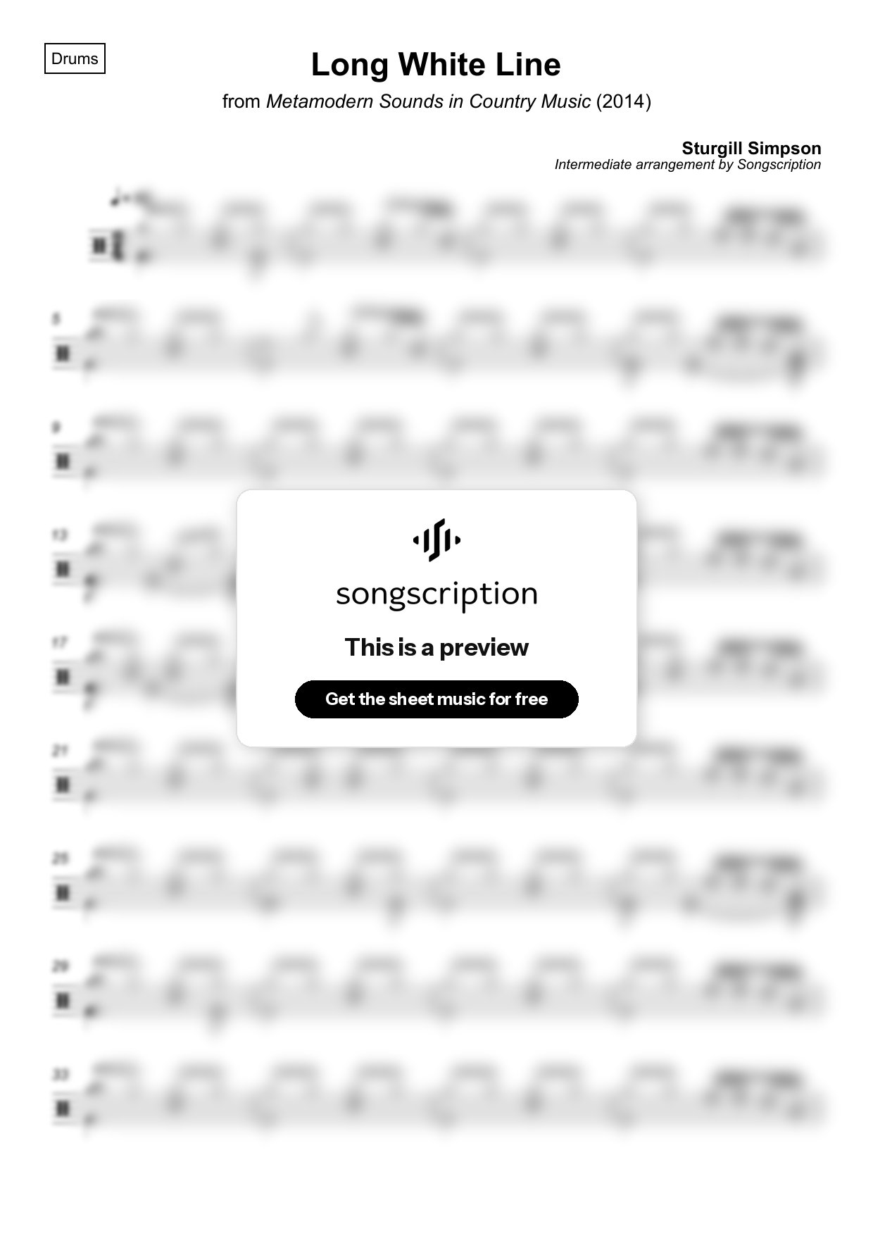 Intermediate Drums Sheet Music for "Long White Line" by Sturgill Simpson