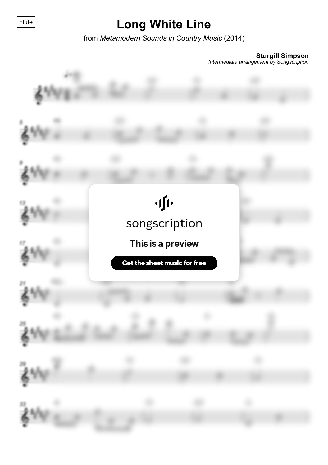Intermediate Flute Sheet Music for "Long White Line" by Sturgill Simpson