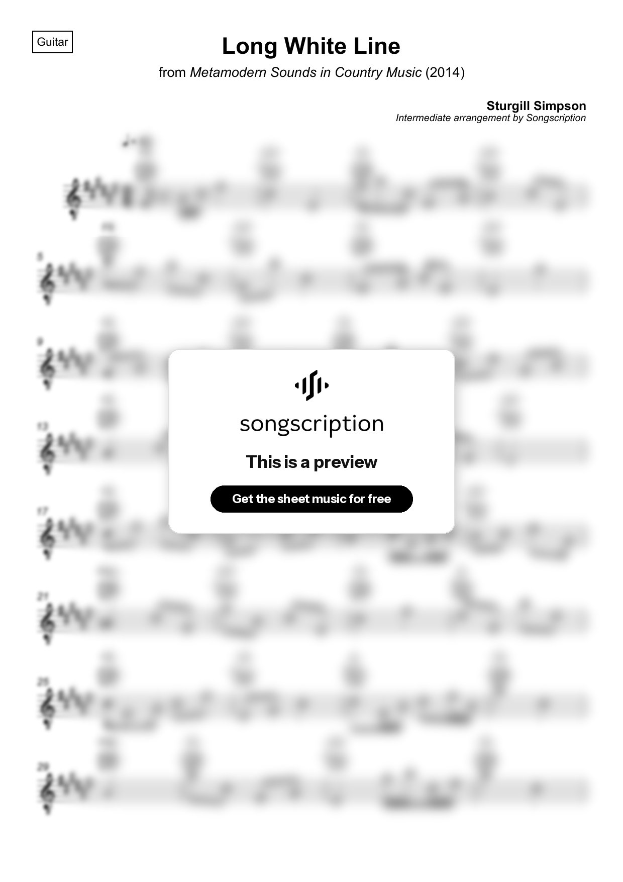 Intermediate Acoustic Guitar Sheet Music for "Long White Line" by Sturgill Simpson