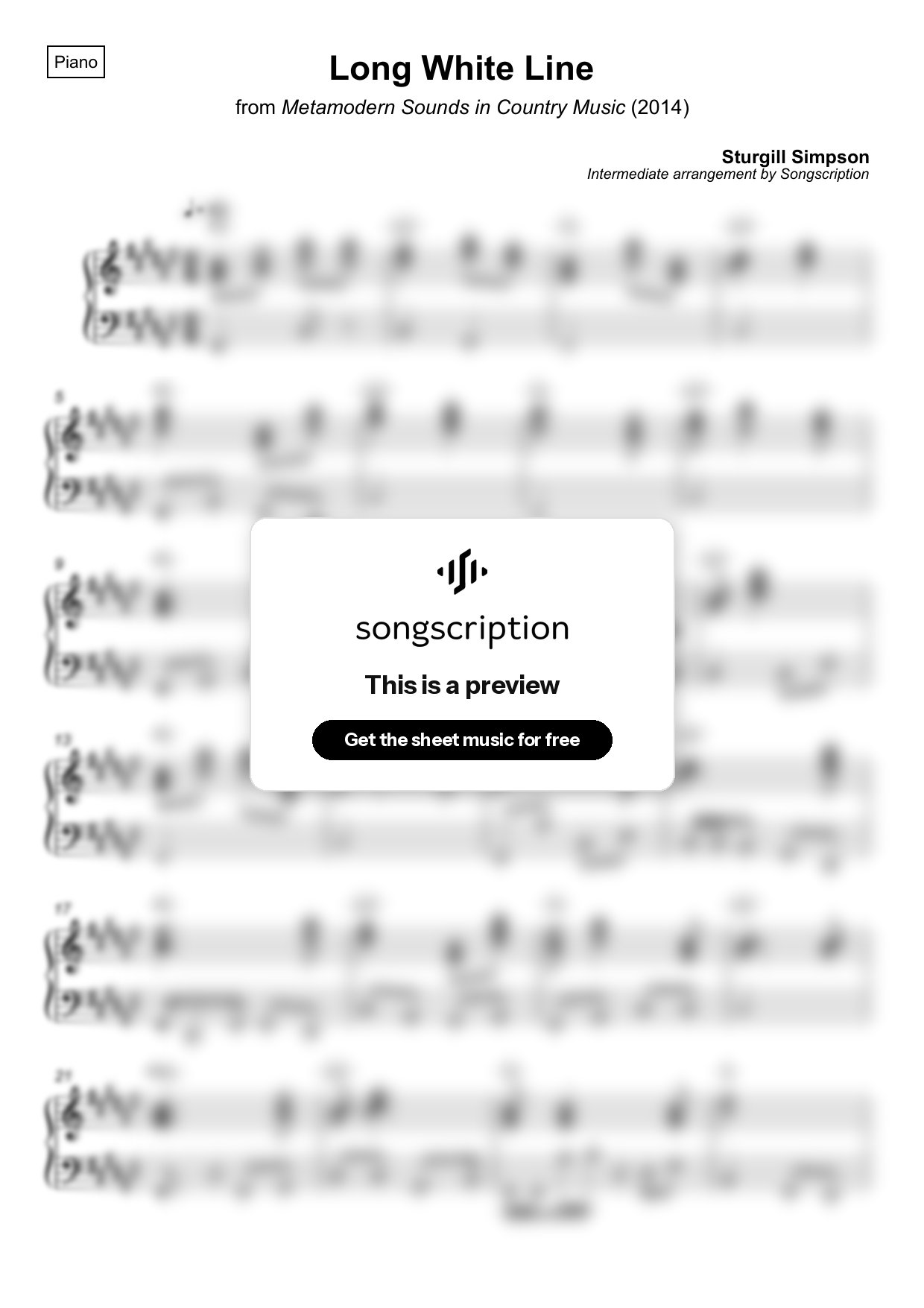 Intermediate Piano Sheet Music for "Long White Line" by Sturgill Simpson