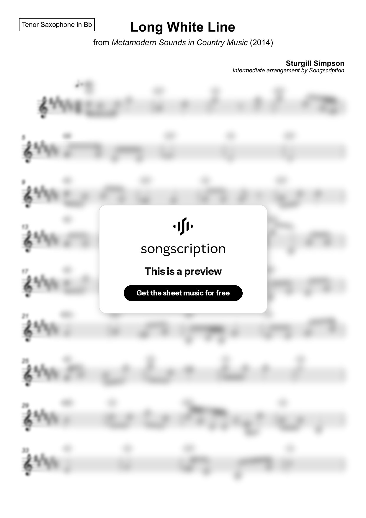 Intermediate Tenor Sax Sheet Music for "Long White Line" by Sturgill Simpson