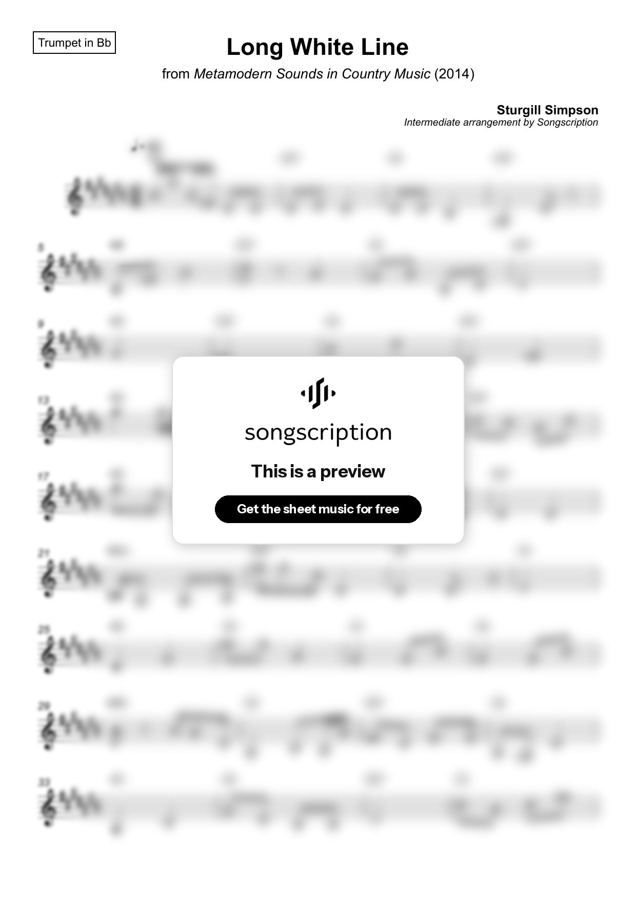 Intermediate Trumpet Sheet Music for "Long White Line" by Sturgill Simpson
