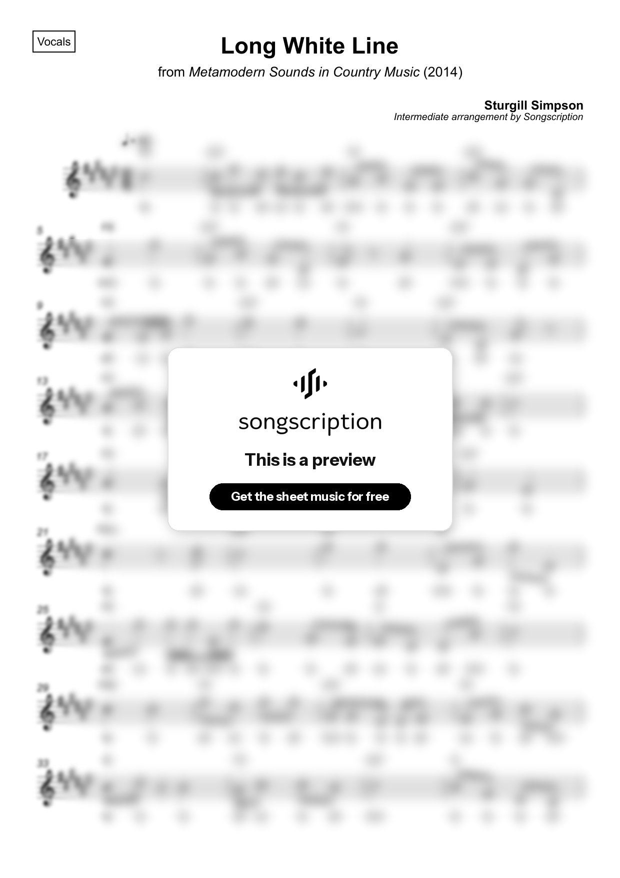 Intermediate Vocals Sheet Music for "Long White Line" by Sturgill Simpson