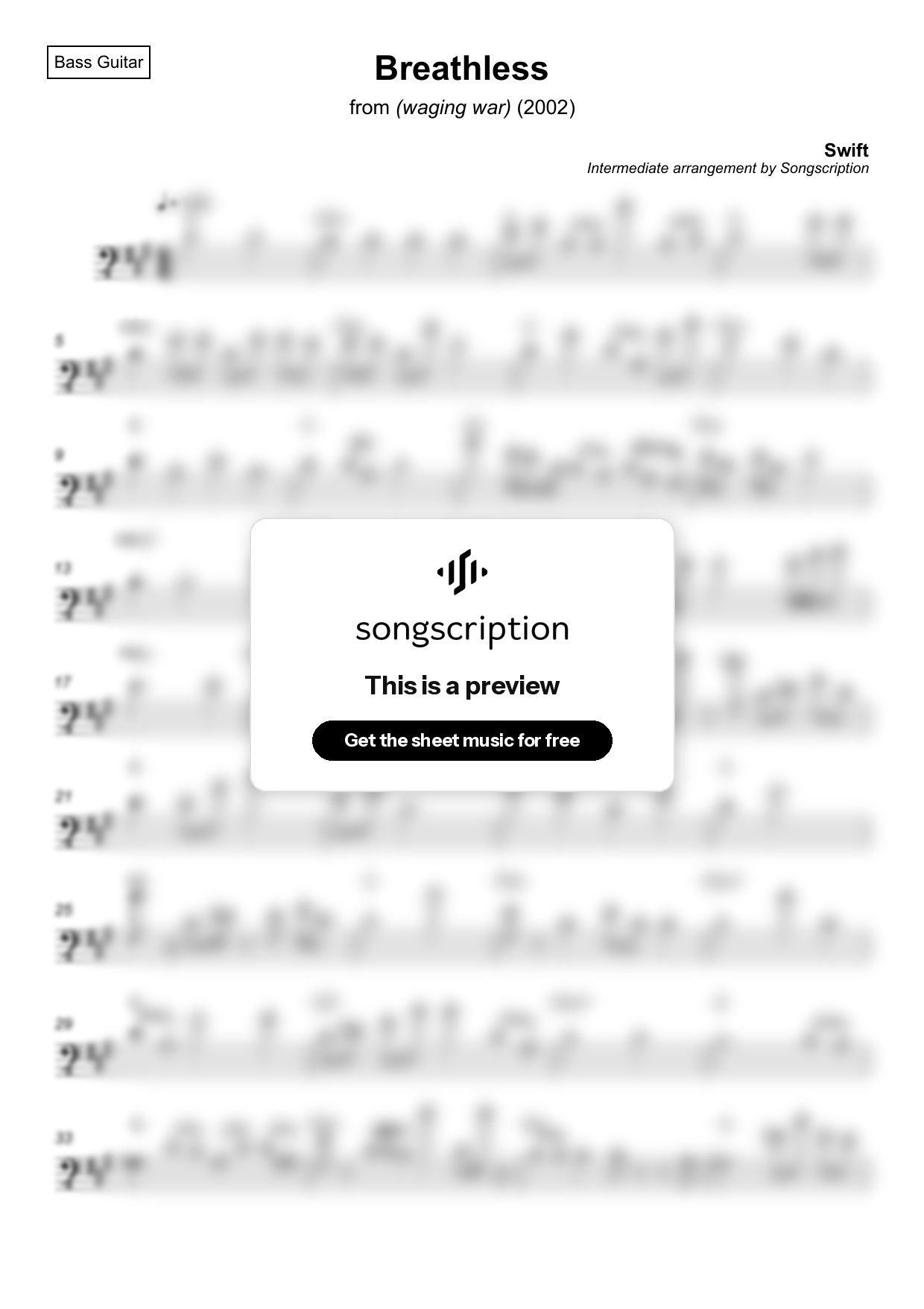Intermediate Bass Guitar Sheet Music for "Breathless" by Swift
