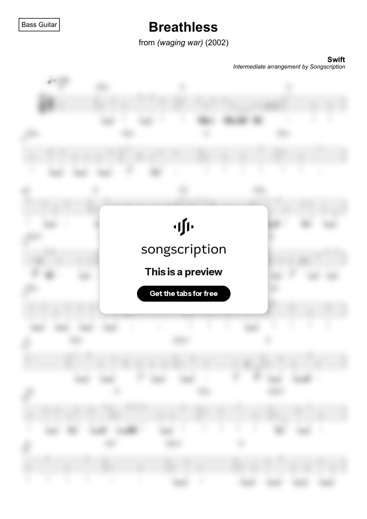Intermediate Bass Guitar Tabs for "Breathless" by Swift