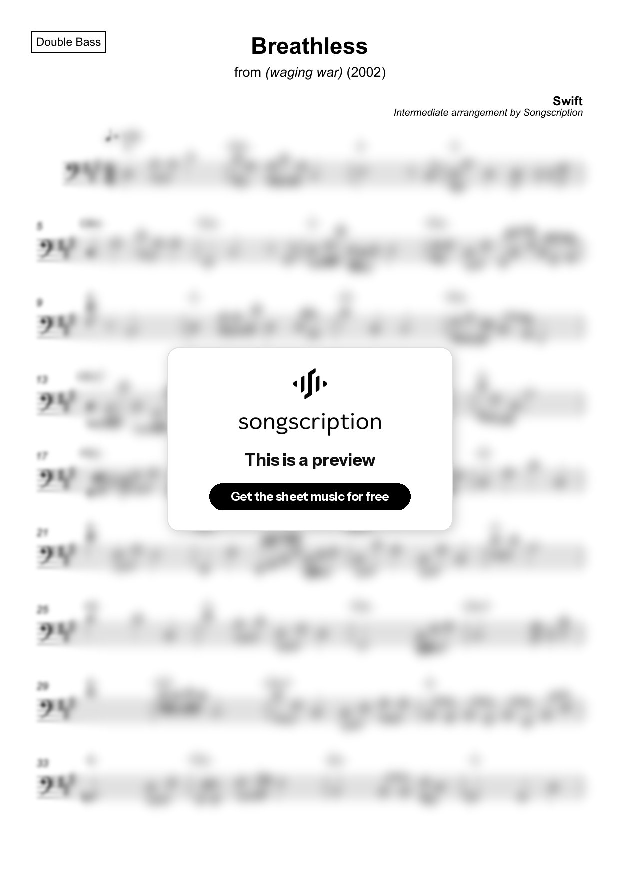 Intermediate Double Bass Sheet Music for "Breathless" by Swift
