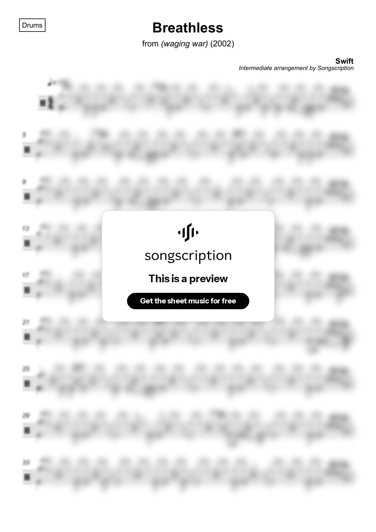Intermediate Drums Sheet Music for "Breathless" by Swift