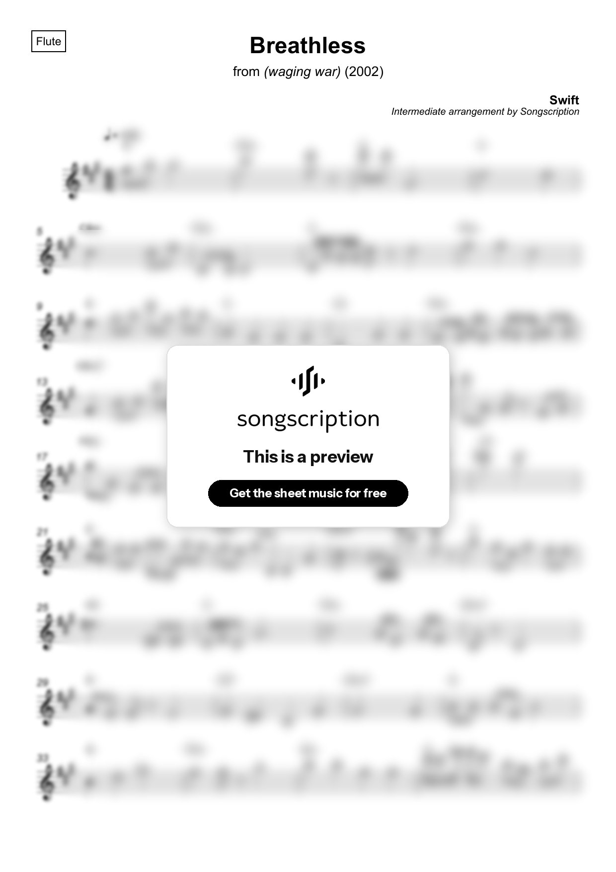 Intermediate Flute Sheet Music for "Breathless" by Swift