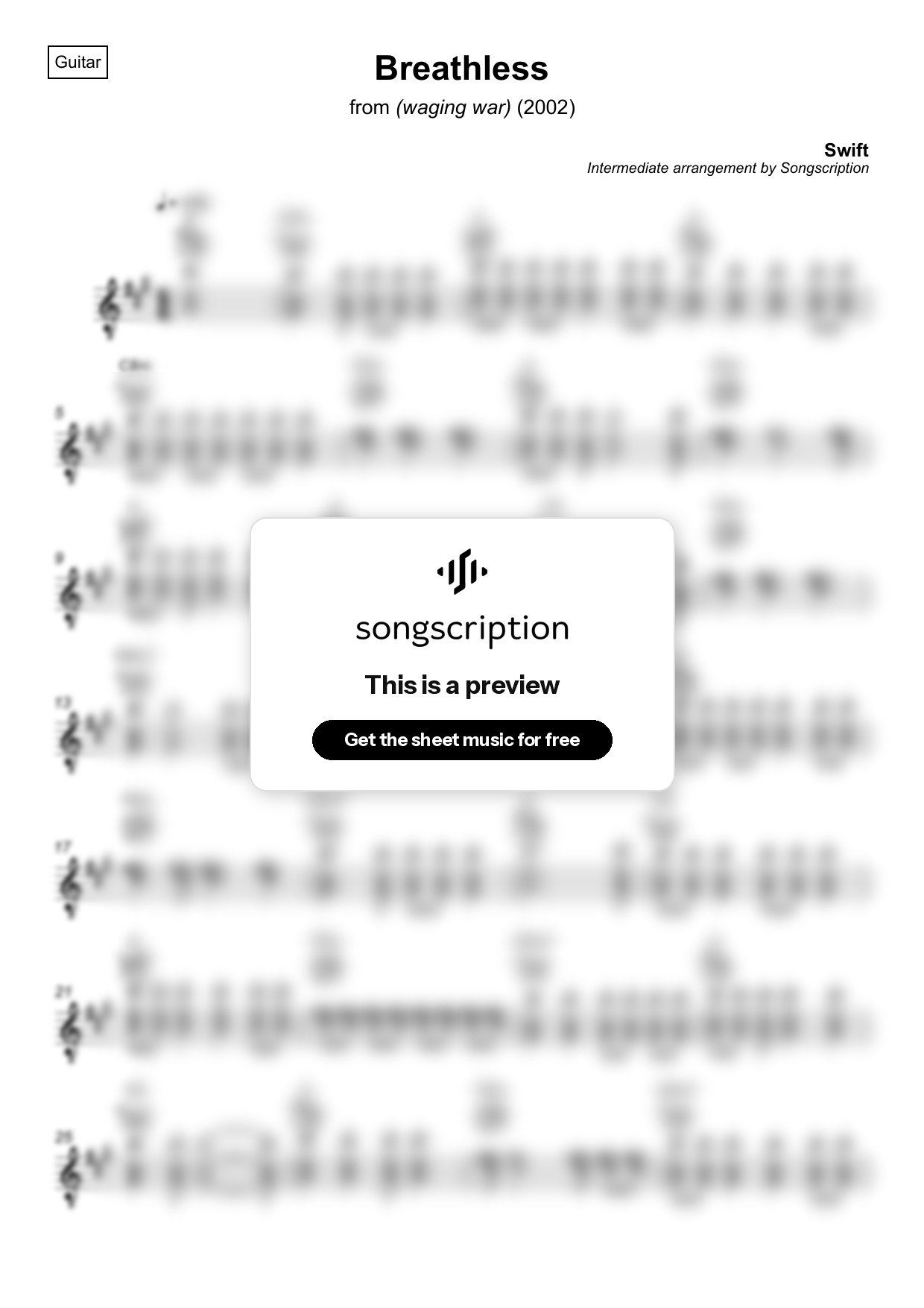 Intermediate Acoustic Guitar Sheet Music for "Breathless" by Swift