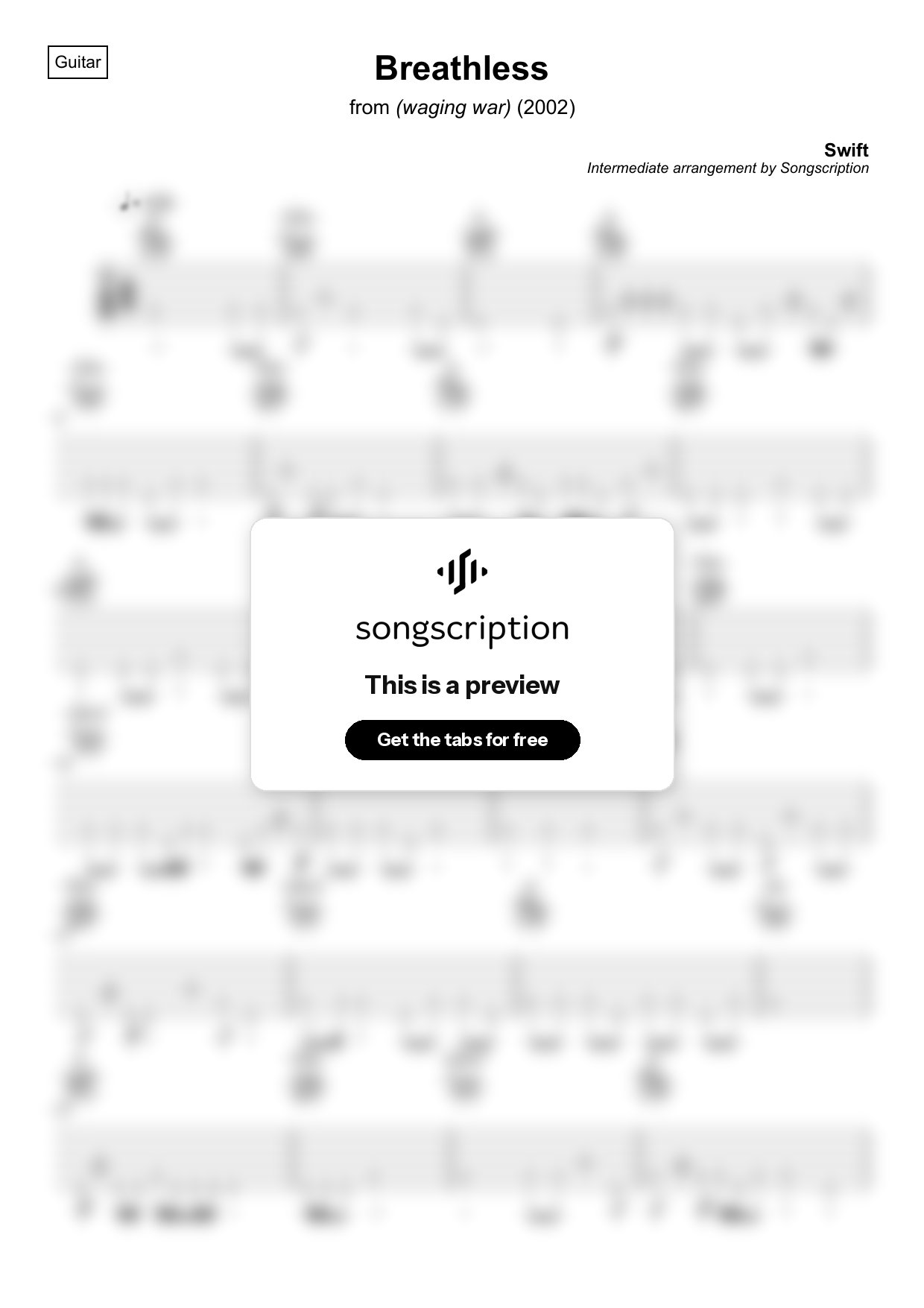 Intermediate Acoustic Guitar Tabs for "Breathless" by Swift