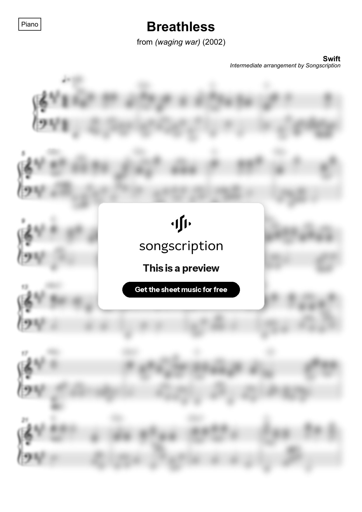 Intermediate Piano Sheet Music for "Breathless" by Swift