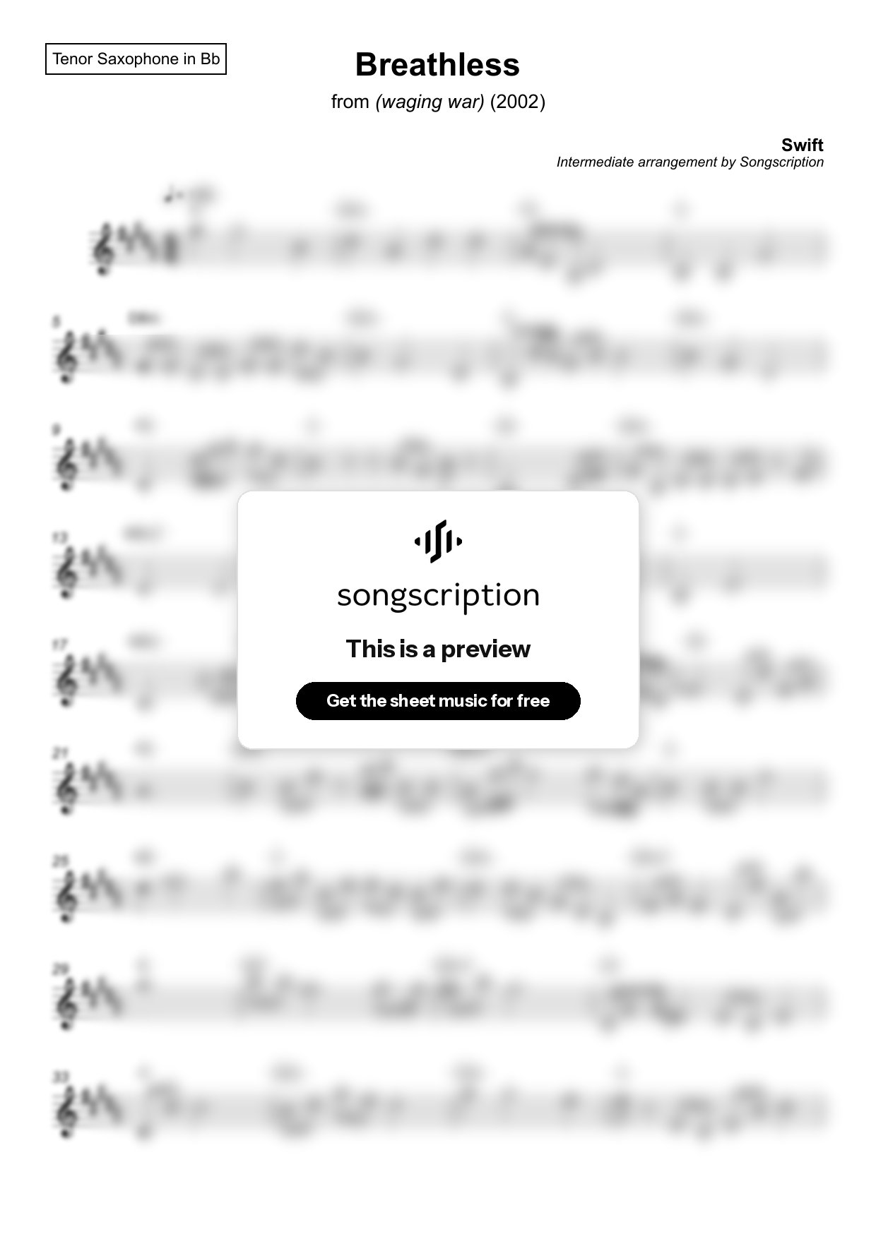 Intermediate Tenor Sax Sheet Music for "Breathless" by Swift