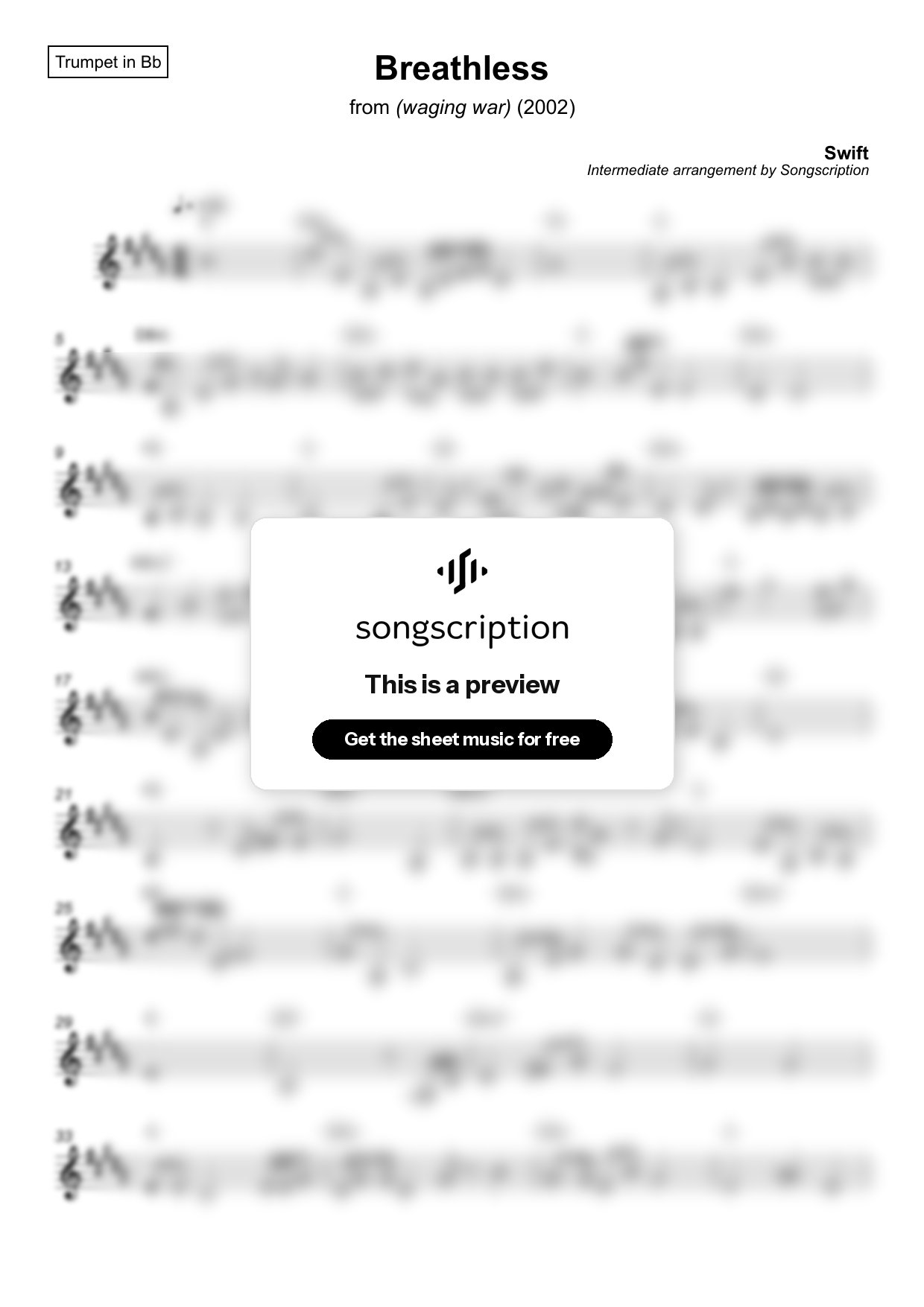 Intermediate Trumpet Sheet Music for "Breathless" by Swift