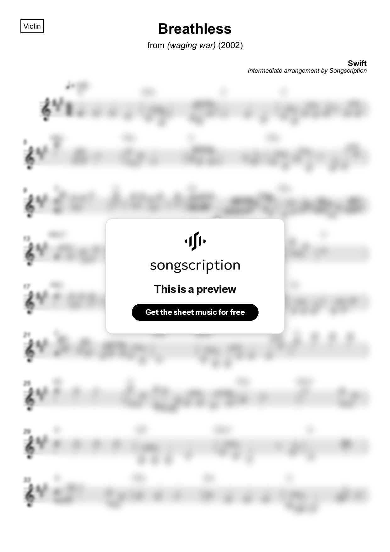 Intermediate Violin Sheet Music for "Breathless" by Swift