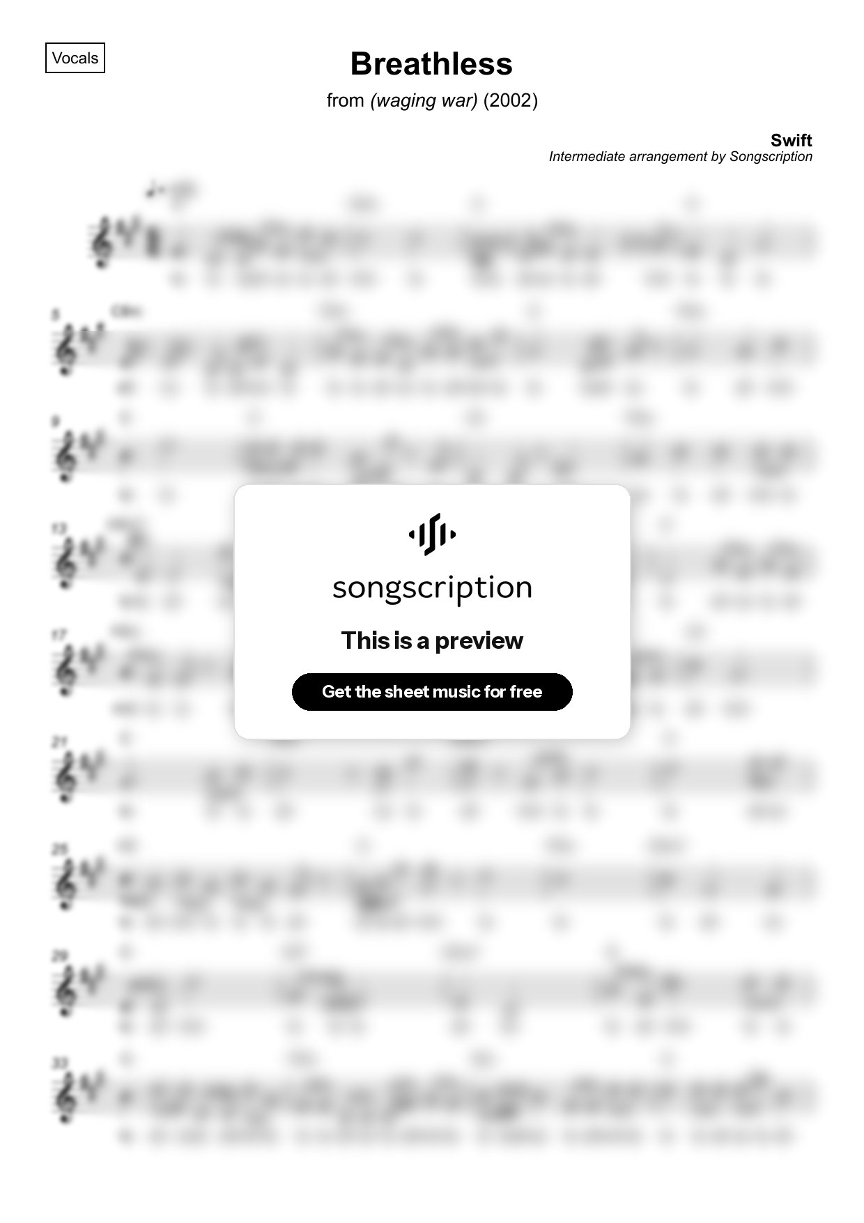 Intermediate Vocals Sheet Music for "Breathless" by Swift