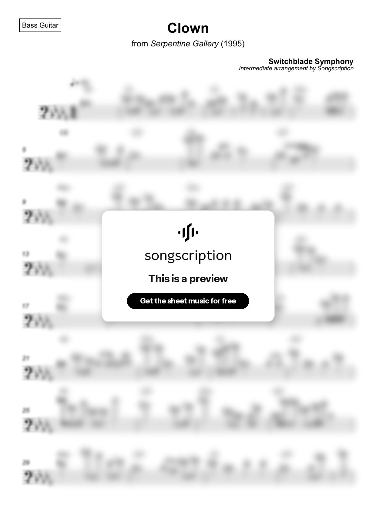 Intermediate Bass Guitar Sheet Music for "Clown" by Switchblade Symphony
