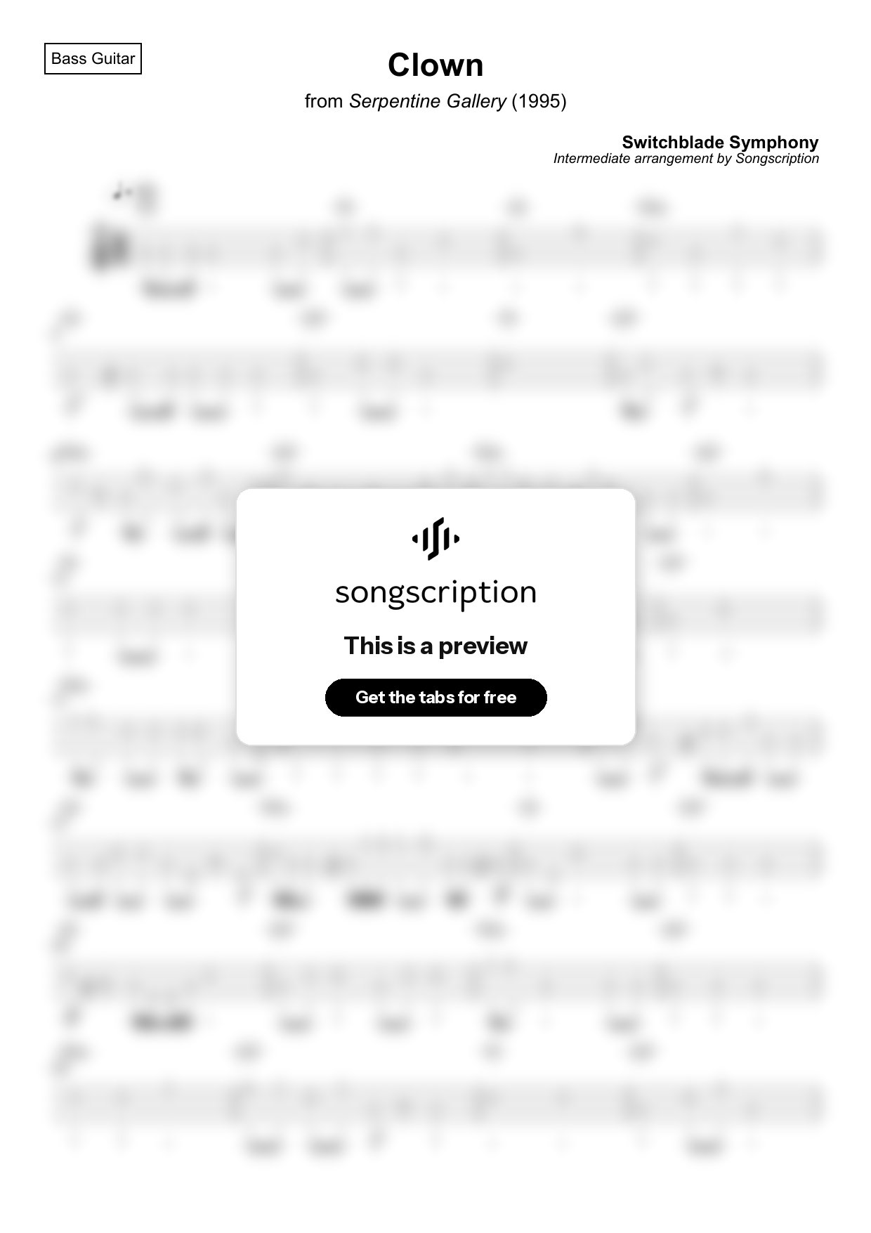 Intermediate Bass Guitar Tabs for "Clown" by Switchblade Symphony